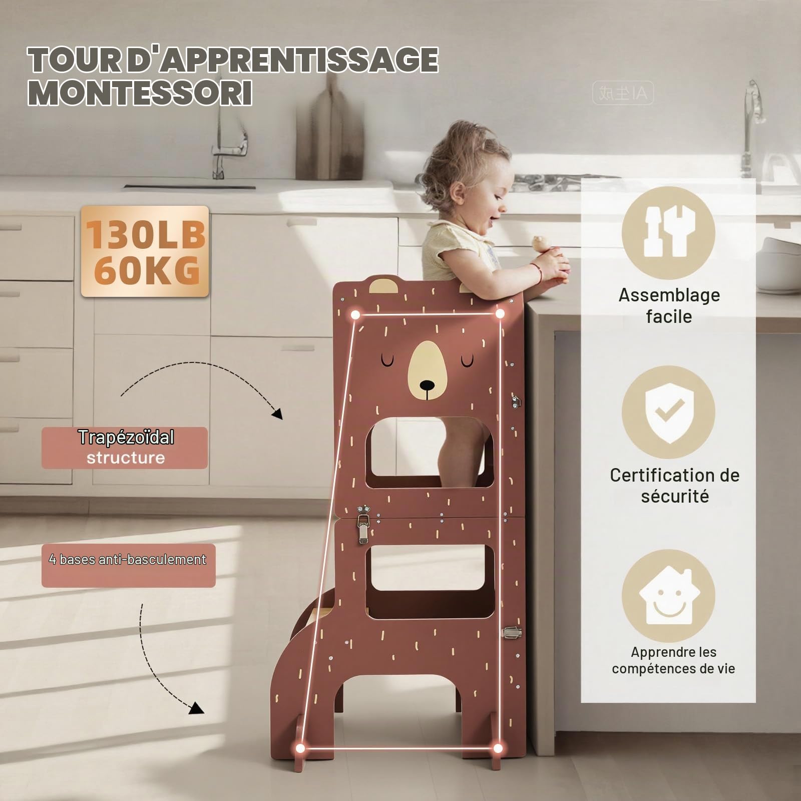 Labebe Tour d Observation Enfant, Grande Taille Tour d'observation Montessori 1-3 Ans,Tour Montessori multifonctionnelle 3 en 1 - l'ours Brun