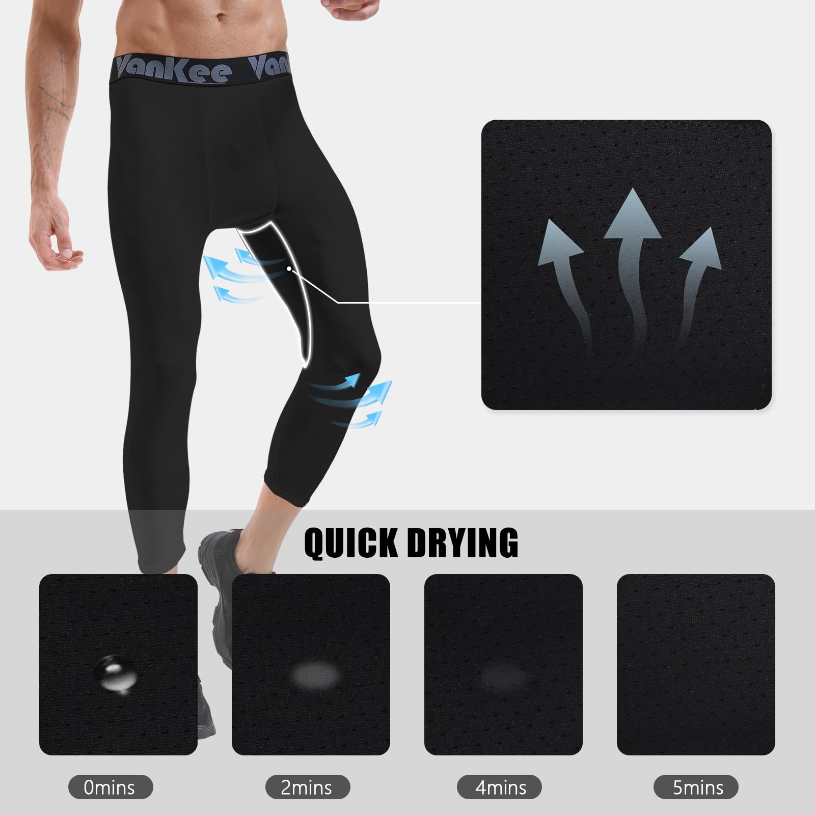 Pantalones de Hombre Compresión 3/4 Malla Transpirable Secado Rápido para Basketball Gym Fútbol