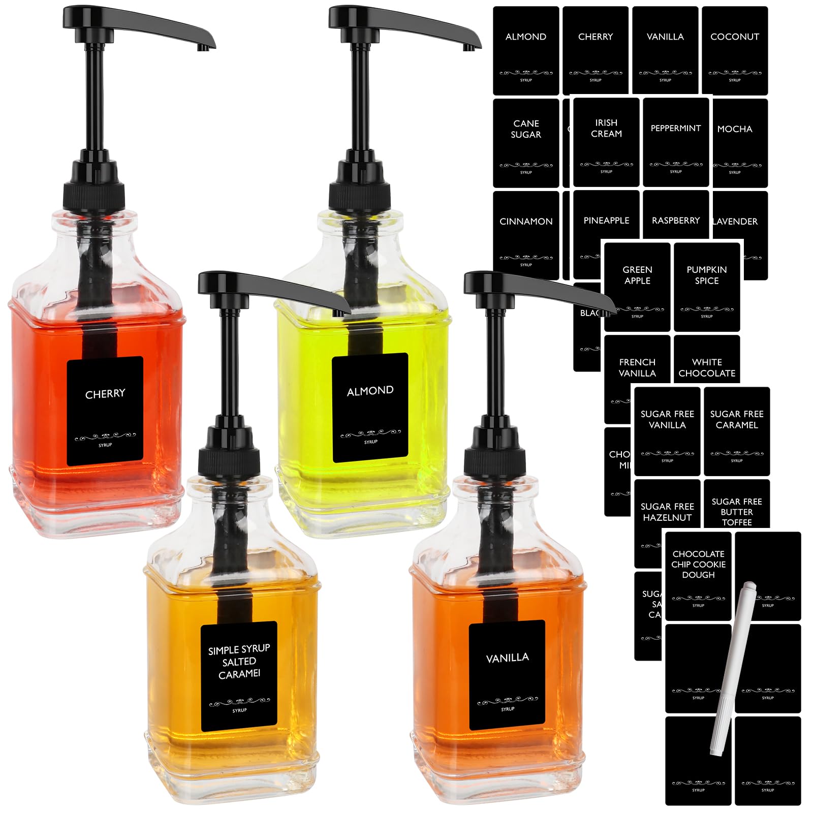 STARSIDE Dispensador de jarabe de café de 16 onzas, 4 botellas de jarabe de vidrio transparente con bomba de capacidad de 1/4 onzas, dispensador de jarabe para barra de café con bomba de plástico y
