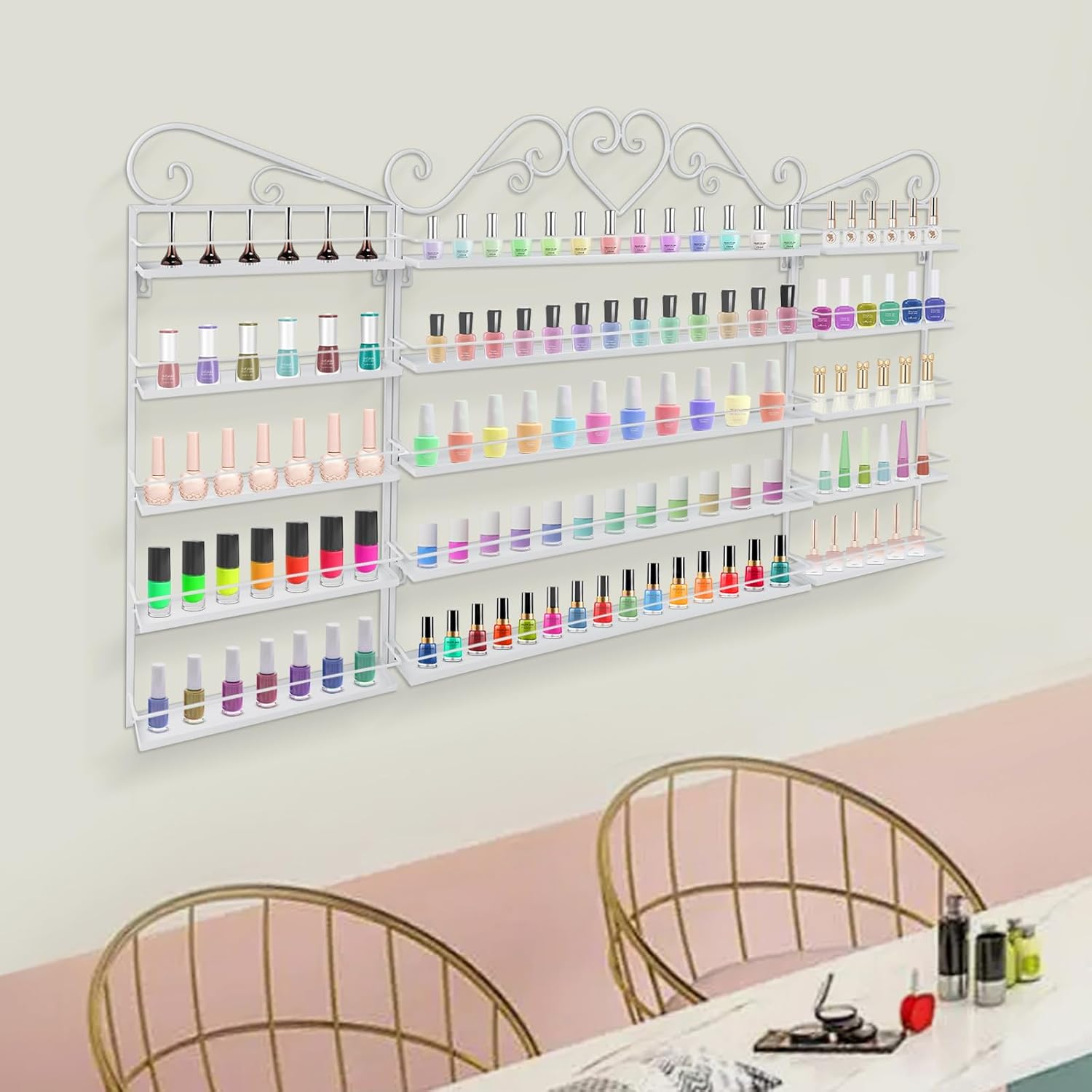 5 Tiers Wall-Mounted Nail Polish Storage Racks Metal Nail Polish Holder Cosmetic Display Case Lipstick Perfume Wall-Mounted Shelf for Home Spa Nail Salon Shop