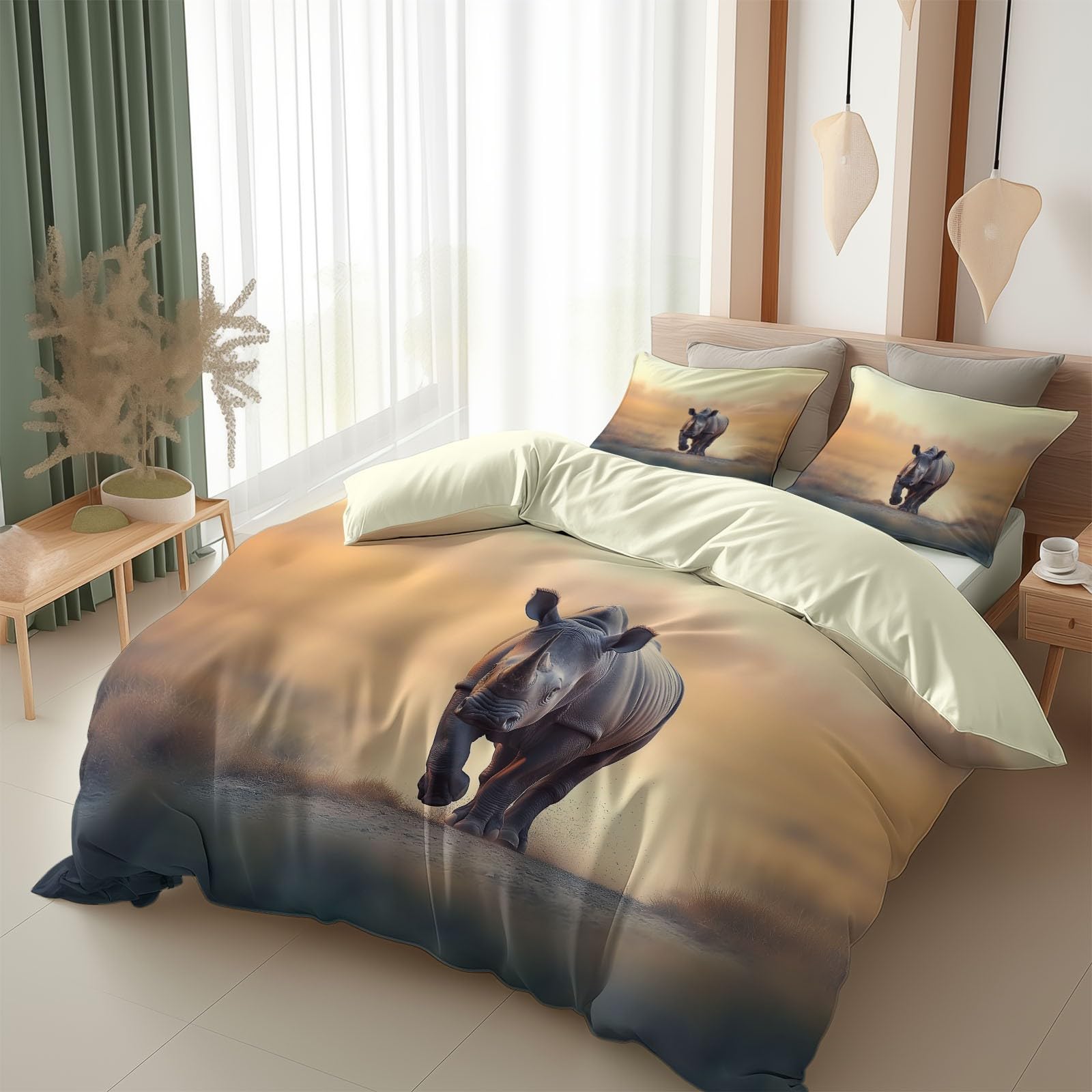 Srigzcaly Light yellow King Size Duvet Cover Set for Kids Boys Girls, Black rhino in the wilderness Bedding Set, Ultra Soft Cosy Warm Reversible 3 Piece Quilt Covers with 2 Pillowcases