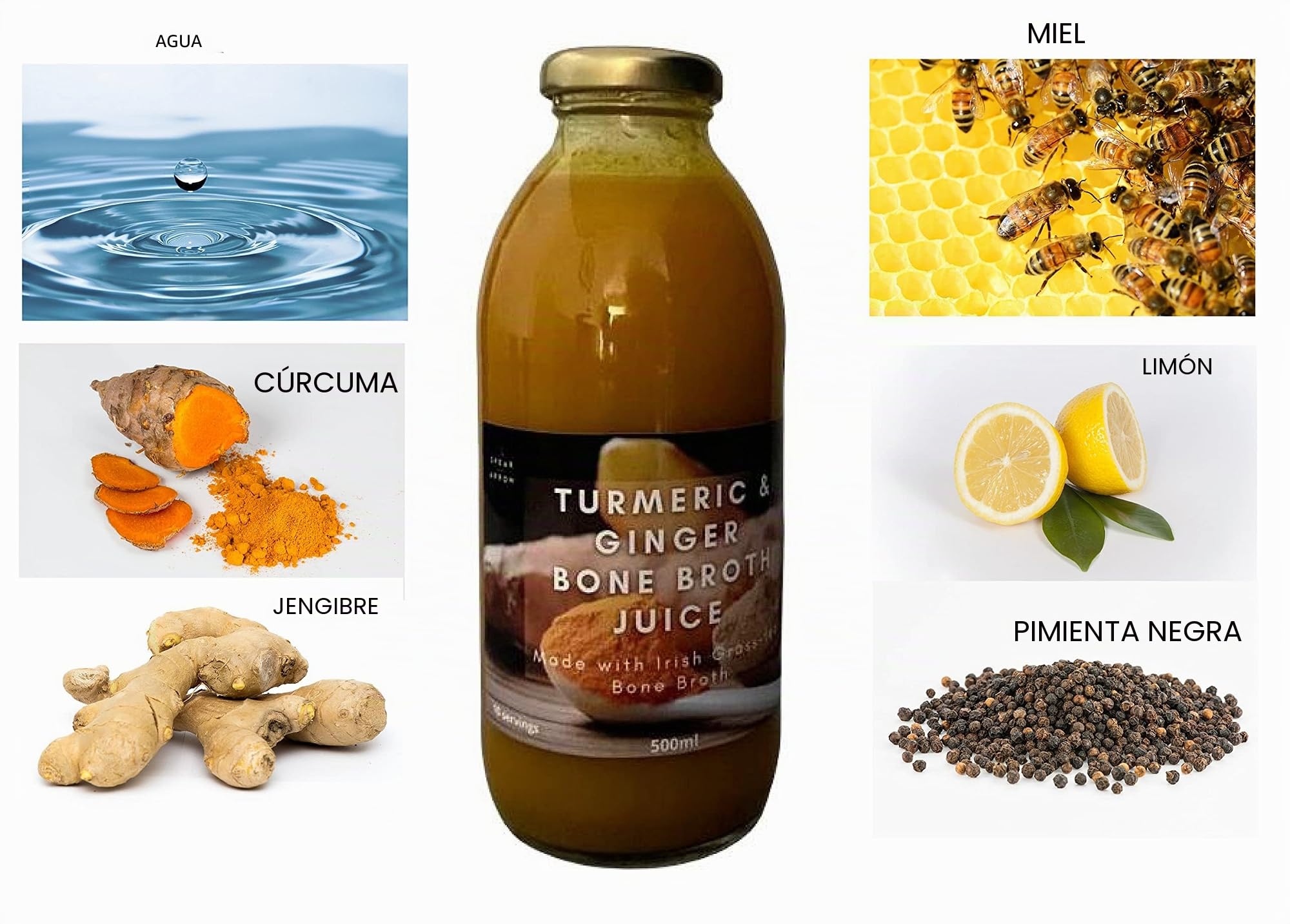 Caldo de hueso 100% natural de alta calidad (2 unidades) – 1 caldo concentrado de hueso de res de 300 ml y 1 caldo de hueso concentrado de 500 ml de cúrcuma y jugo de jengibre – sin sal añadida