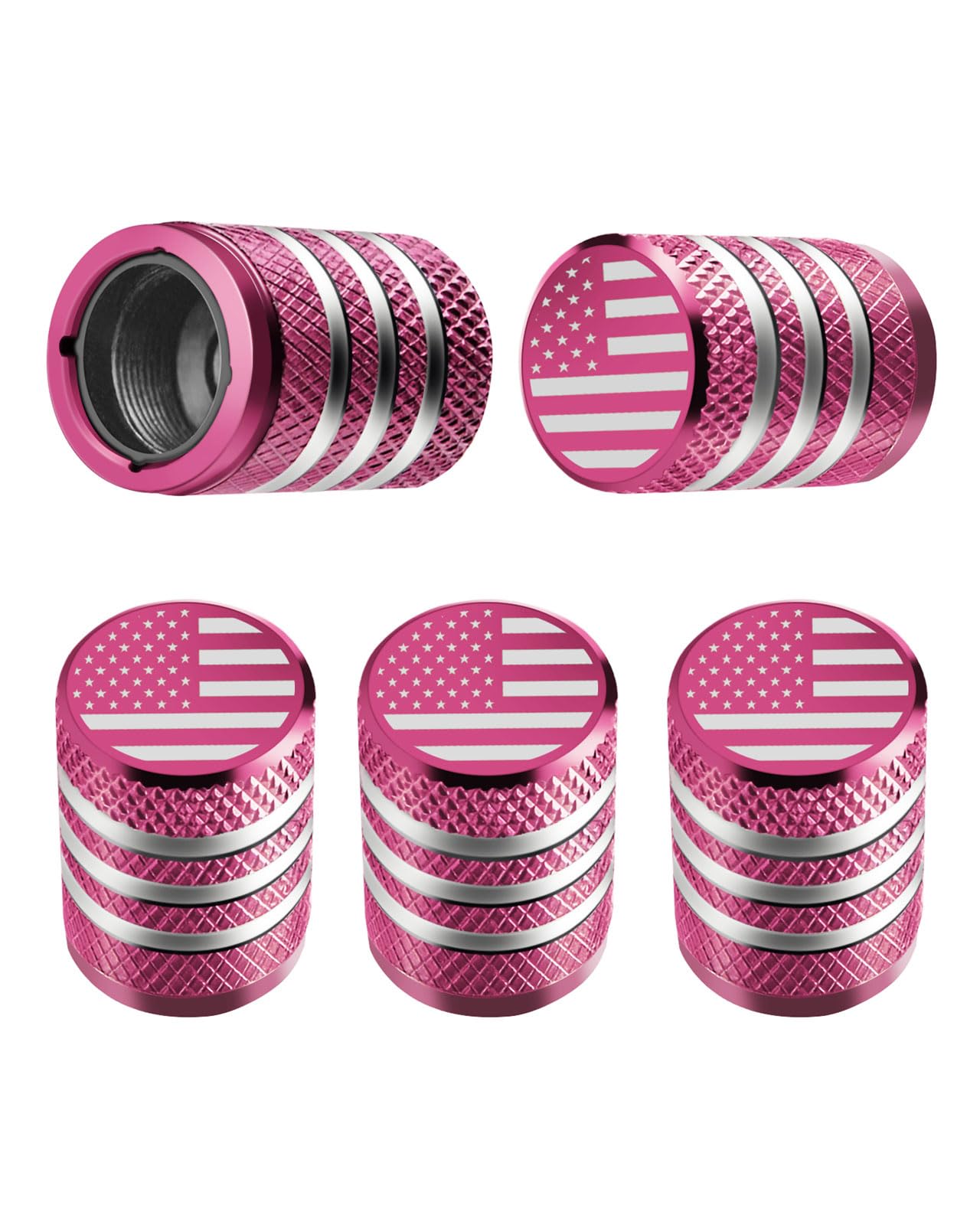 DECURCAR Tire Valve Stem Cap Cover - (5 Pack) Tire Air Cap Metal with Plastic Liner Corrosion Resistant Leak-Proof American Flag for Car Truck Motorcycle Bike Pink