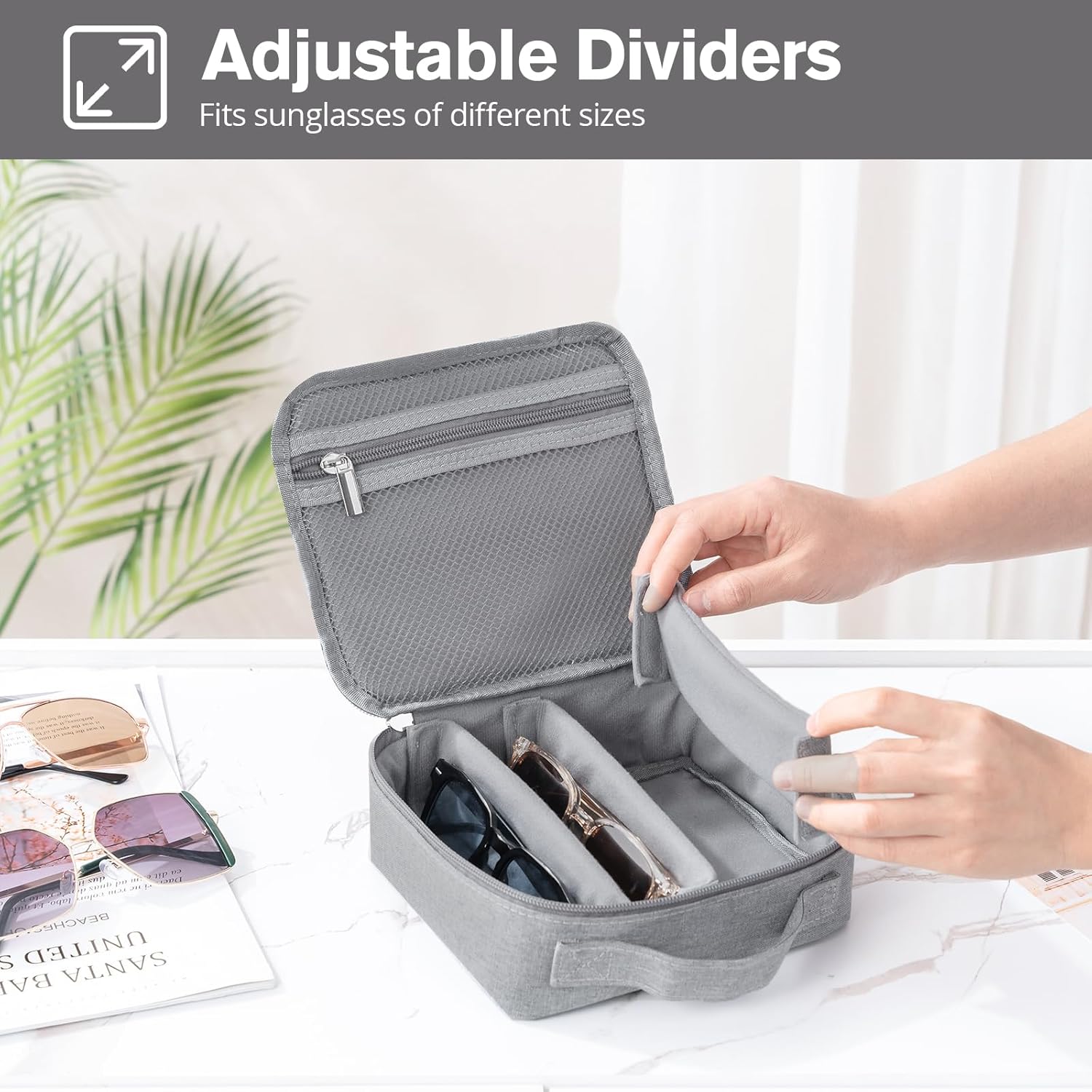 Lolalet Travel Sunglasses Organizer Storage Case, Adjustable Slots Multiple Eyeglasses Storage Bag, Portable Glasses Eye Wear Holder for Men Women Traveling -4 Slots, Grey - Image 2