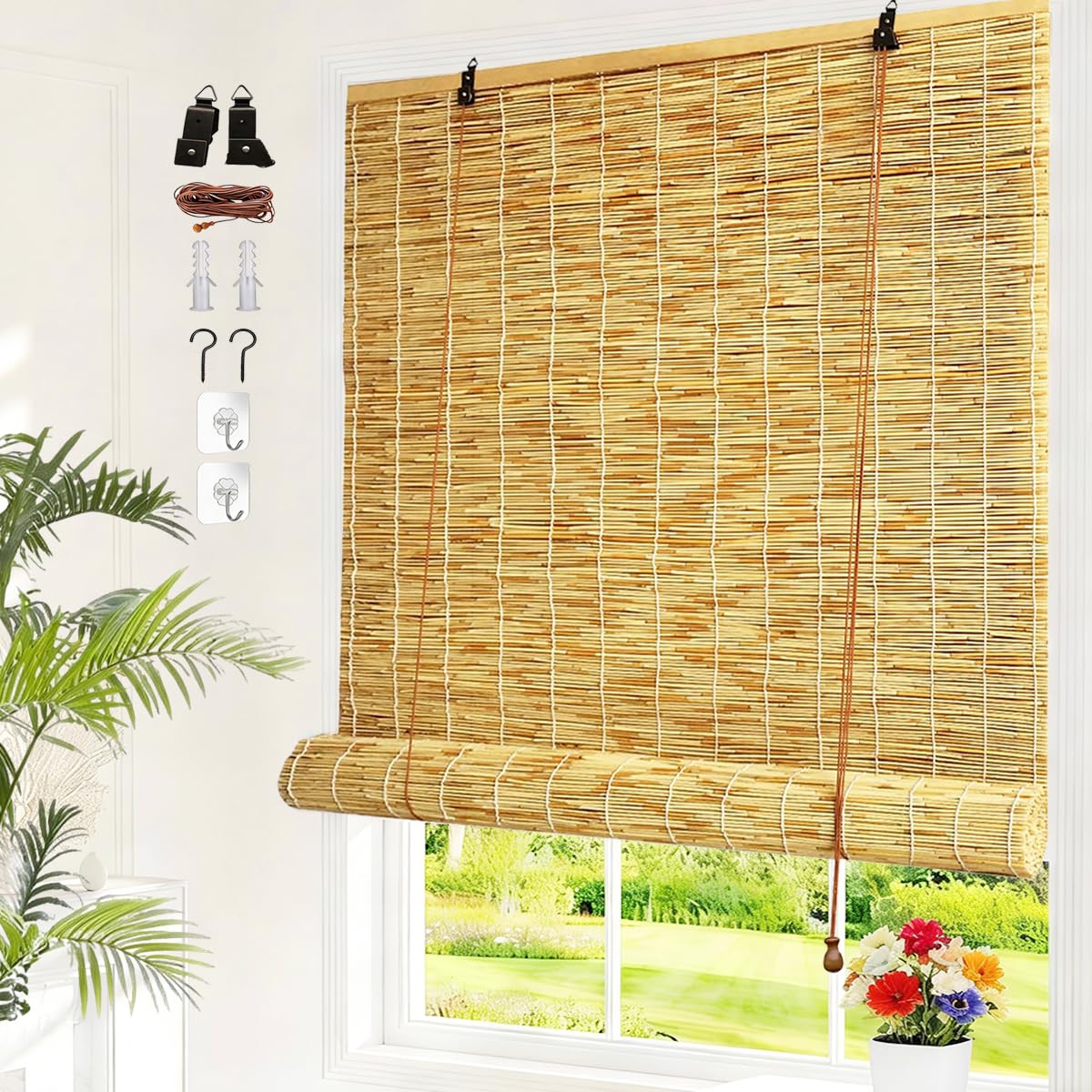 Outdoor Roller Reed Blinds Porch Bamboo Shades 55 60 70 90 100 120 140 150 160 180cm Wide Roman Blinds Customisable with Lifter, Privacy Protection, No Drill, Blackout Blinds for Patio Roll Up