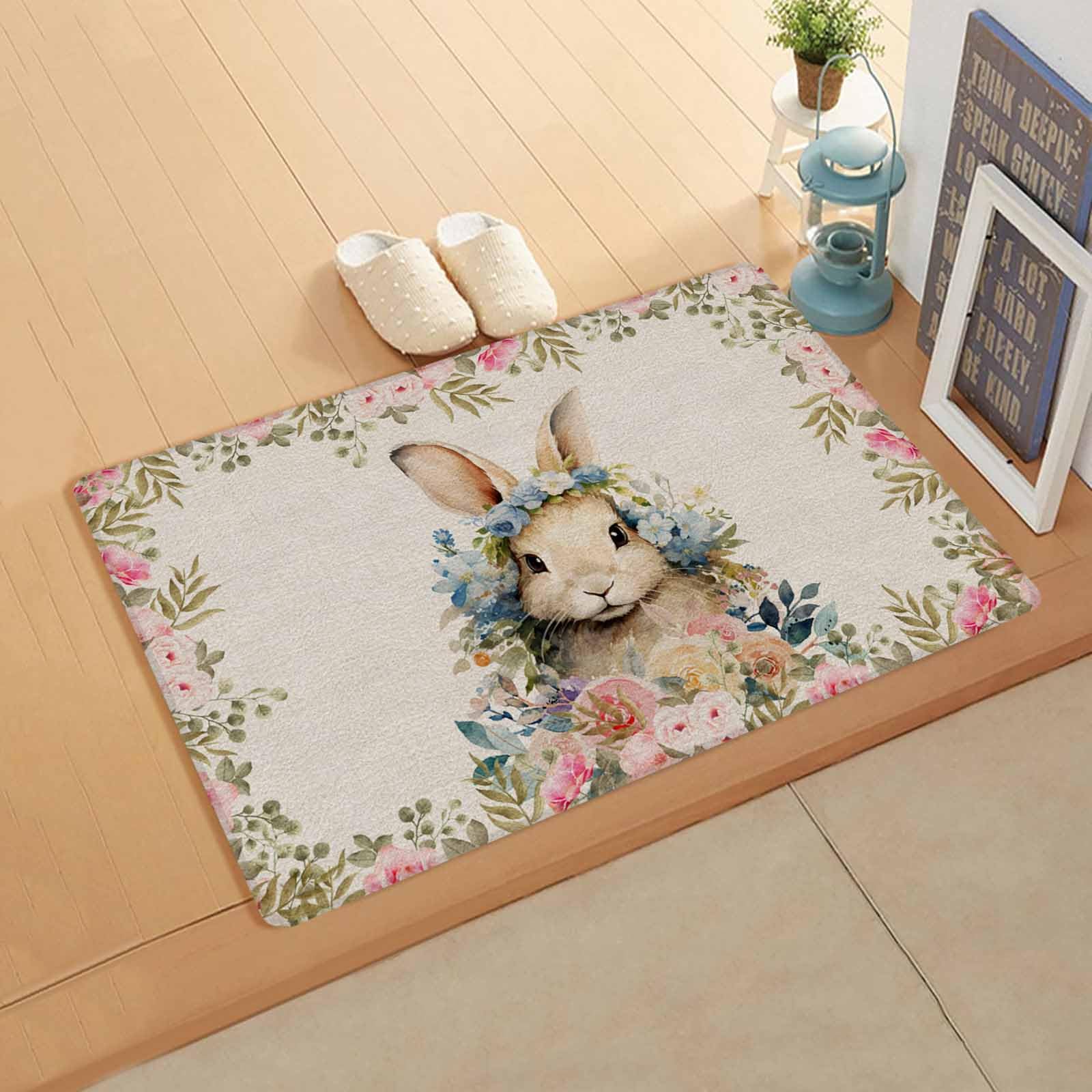 Easter Rabbit Kitchen Bath Door Mat Cushioned Runner Rug,Washable Welcome Floor Sink Antifatigue Mat,Waterproof & Non-Slip Comfort Standing Doormat,Easter Bunny Botanical Rose Blue Flower 24