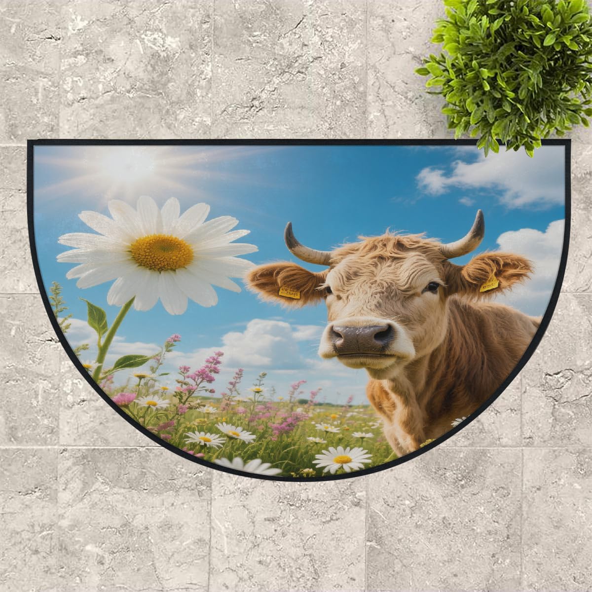 Große halbrunde Fußmatte – Brauner Kuh-Blumenmuster, waschbar, rutschfest, halbrund, Eingangsbereich, Teppich, niedlich, weich, halbrund, saugfähig, Teppich für Küche, Badezimmer, Schlafzimmer