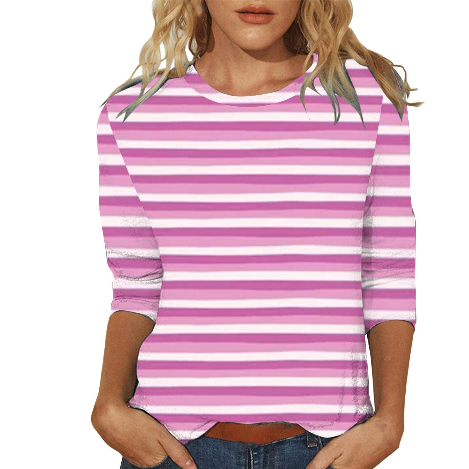 HUIFUAO T-shirts met 3/4 mouwen voor dames, gestreept kleurblok, ronde hals, zomer, basic tops, t-shirts, shirts voor vrouwen, t-shirts voor vrouwen, losse pasvorm, Geel, 3XL HUIFUAO T-shirts met 3/4 mouwen voor dames, gestreept kleurblok, ronde hals, zomer, basic tops, t-shirts, shirts voor vrouwen, t-shirts voor vrouwen, losse pasvorm, Geel, 3XL