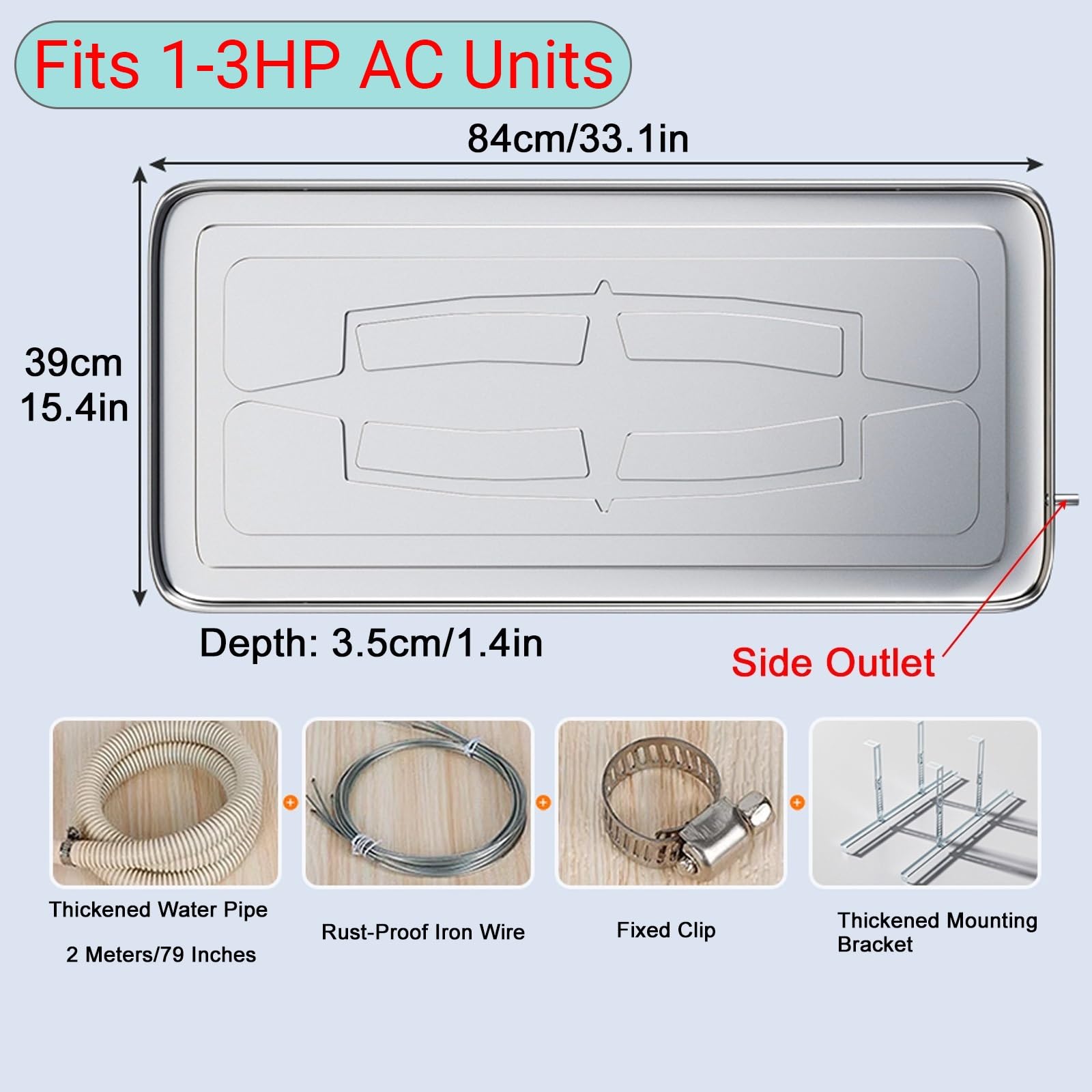 Bandeja de Condensación con Soporte para Aire Acondicionado, Bandeja de Goteo de Aire Acondicionado de Acero Inoxidable con Manguera de 2 M(84x39x3.5cm (33.1x15.4x1.4in))