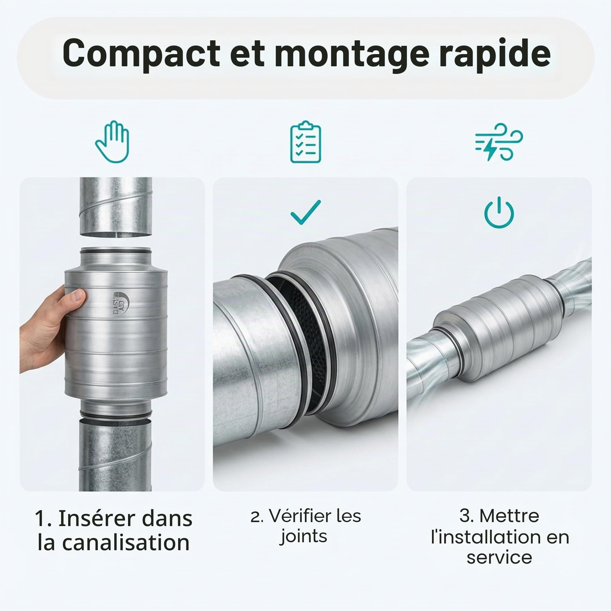 Easy Act Silencieux de 80 mm de diamètre, longueur 300 mm, silencieux tubulaire efficace en acier galvanisé pour réduire le bruit dans les systèmes de ventilation