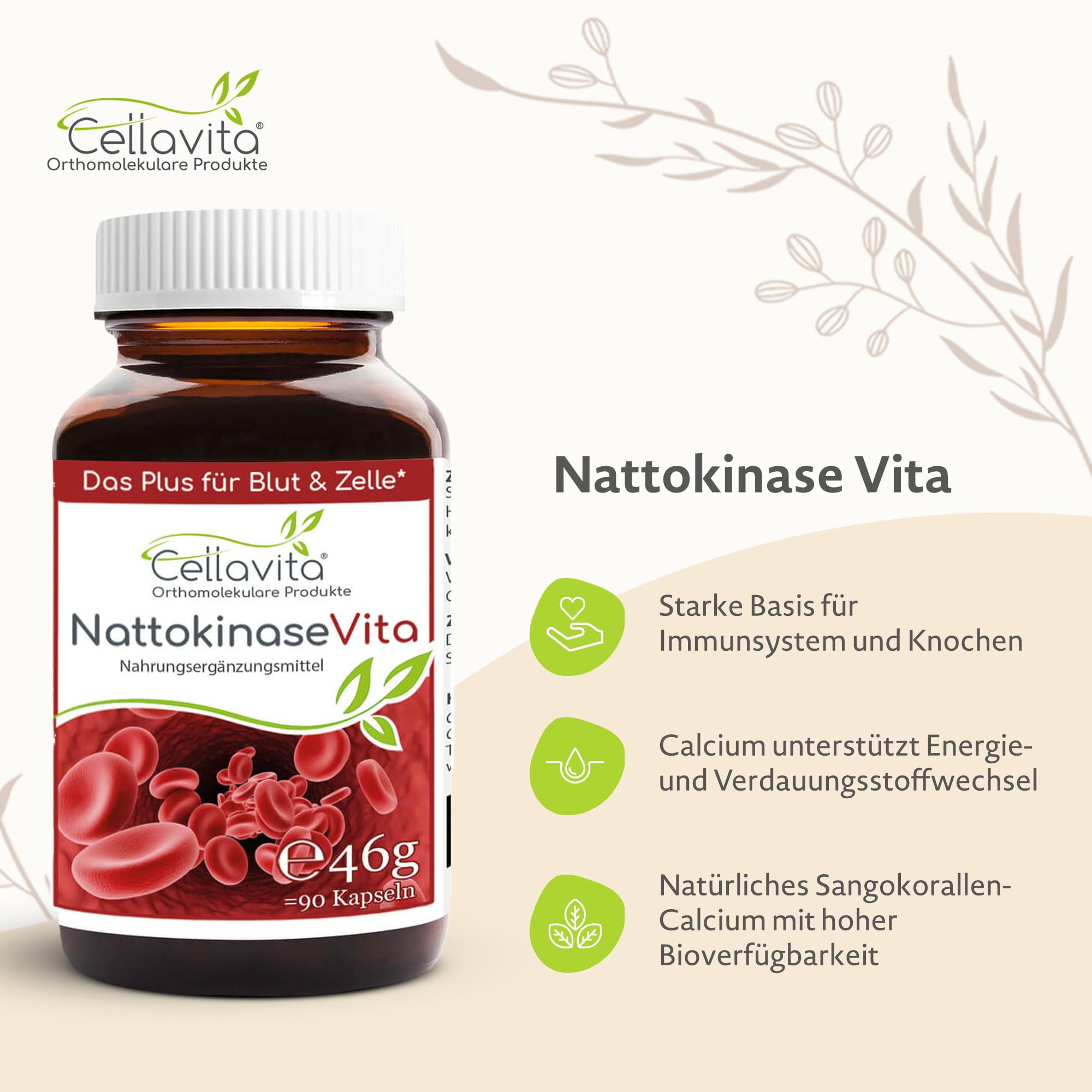 Cellavita – Nattokinase Vita hochdosiert 2000 FU 90 vegane Kapseln im Glas –Calciumlieferant aus Sojafermentation mit Sango Meereskoralle – Nahrungsergänzungsmittel einfach dosierbar & ohne Zusätze