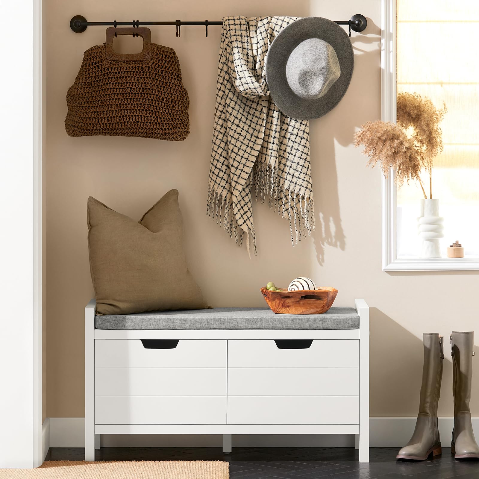 SoBuy Panca scarpiera con 2 ante 91x30x50cm per ingresso | Cassapanca salvaspazio con cuscino rimovibile e 2 ante apribili, MDF E1, portata 150kg, bianco FSR63-II-W