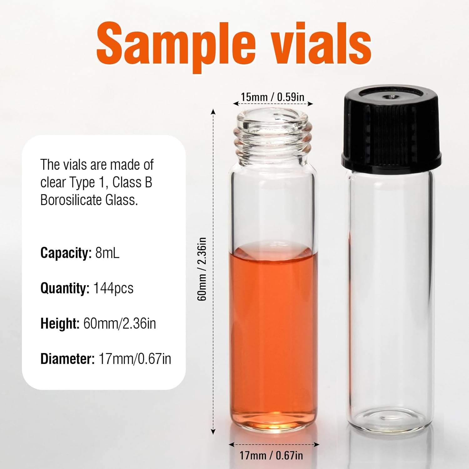 PEKYBIO 2 Dram 8ml Small Glass Vials with Caps, Leak Proof, with PTFE/White Silicone Liners, Mini Glass Jars for Pills, Spices, Essential Oils, Crafts, Samples, 144pcs/pk
