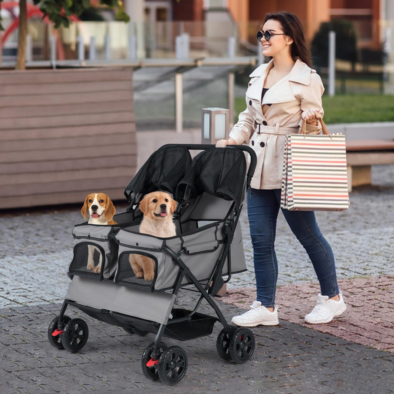 COSTWAY Passeggino Doppio per Cani, Carrozzina Pieghevole a 2 Posti con Tettuccio Regolabile, Cuscino Rimovibile, Cintura di Sicurezza, Cestino e 4 Ruote, Passeggino per 2 Cuccioli e Gatti (Grigio)