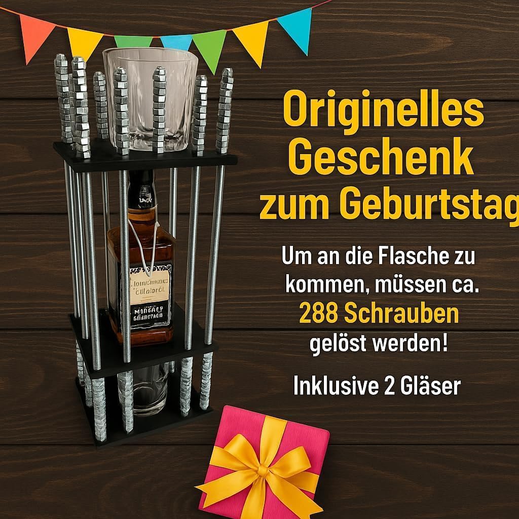 Alkohol-Käfig Geschenkset – Holz Puzzle Flaschenkäfig mit 288 Schrauben + 2 Gläsern – Für 0,7 l Flasche (25 cm) – Lustiges Männergeschenk, Zabawa
