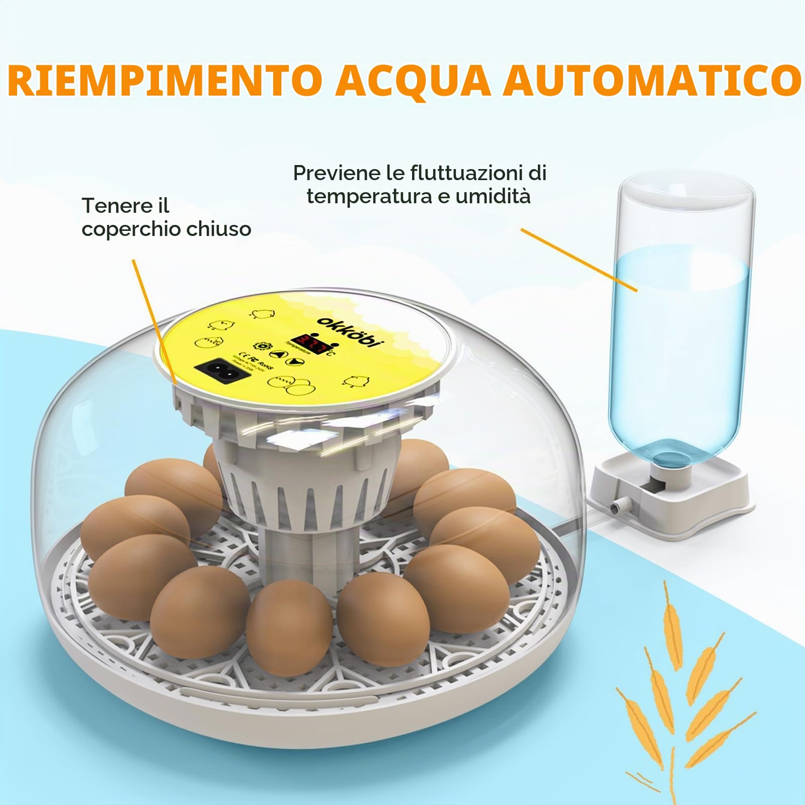 M12 - Incubatrice Uova Gallina, Facile da Usare e Pulire, Vista a 360 | Automatica con Girauova Automatico e Controllo Umidità, Precisi della Temperatura, Versatile e Spaziosa - Bianco e Giallo