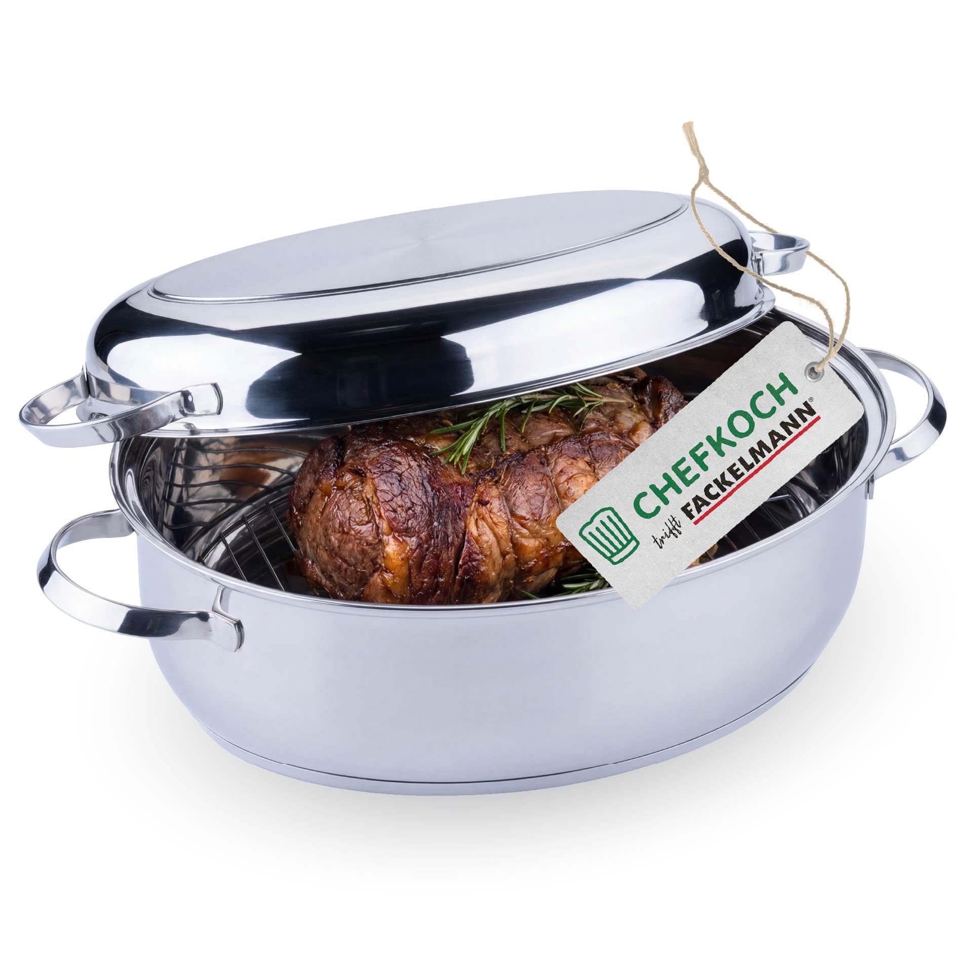 Chefkoch trifft Fackelmann Bräter Rosenheim – Ø38 cm, mit Edelstahldeckel, Gussgriff und Rosteinsatz, für alle Herdarten, Spülmaschinengeeignet