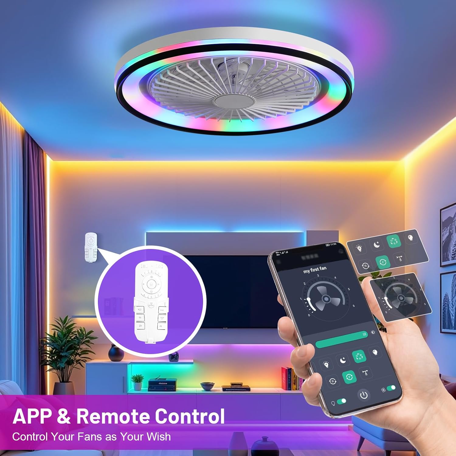 CACI Mall RGB Ceiling Fan with Lights and Remote, Low Profile Flush Mount Modern Bladeless Smart Ceiling Fan for Bedroom Kids Room Living Room, 19 Inch, White