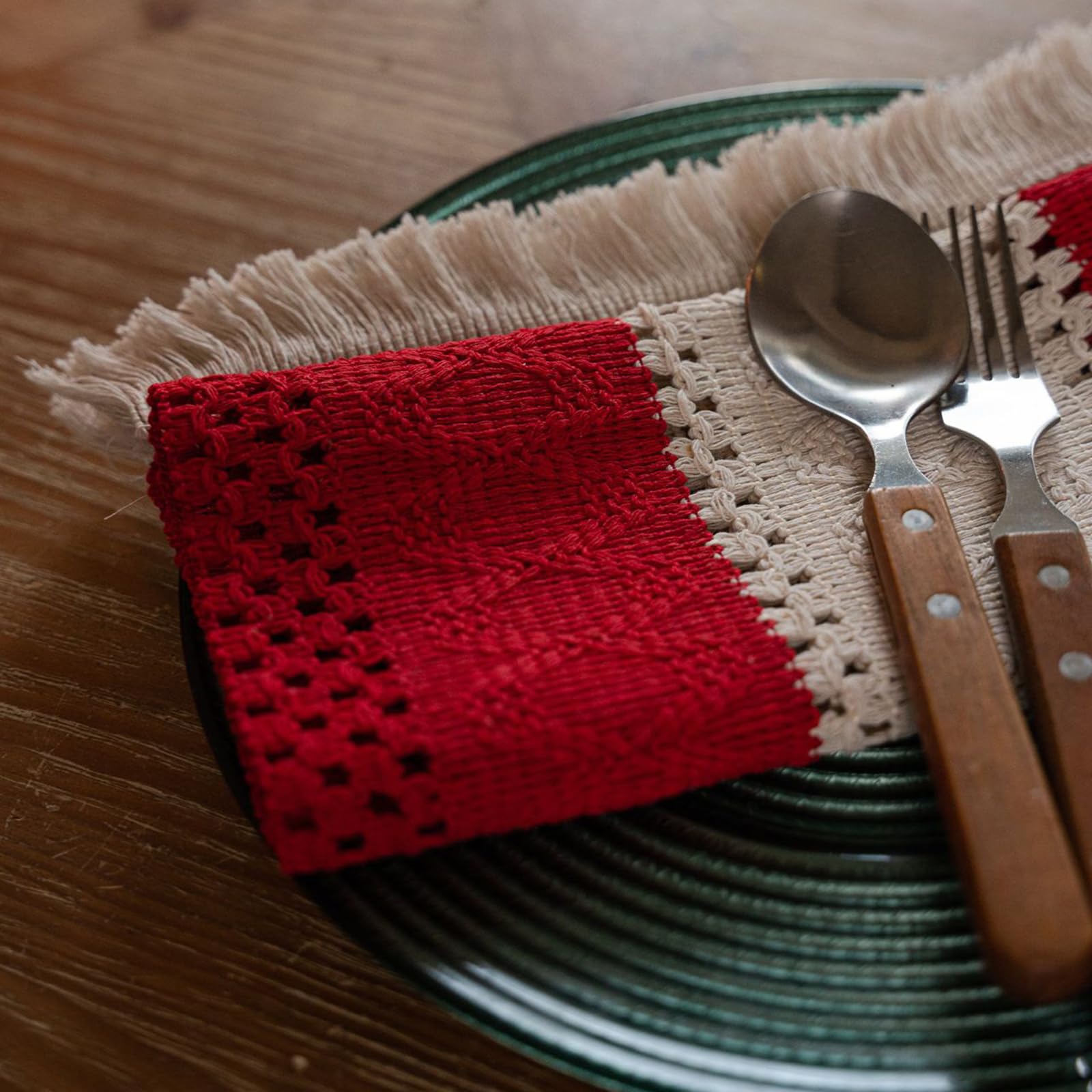 Rustykalny bieżnik z frędzlami, ręcznie tkana bawełna i len Dekoracja stołu wiejskiego Bieżnik na przyjęcie świąteczne, dekoracje w stylu vintage Boho czerwone po obu stronach 30*400 /83