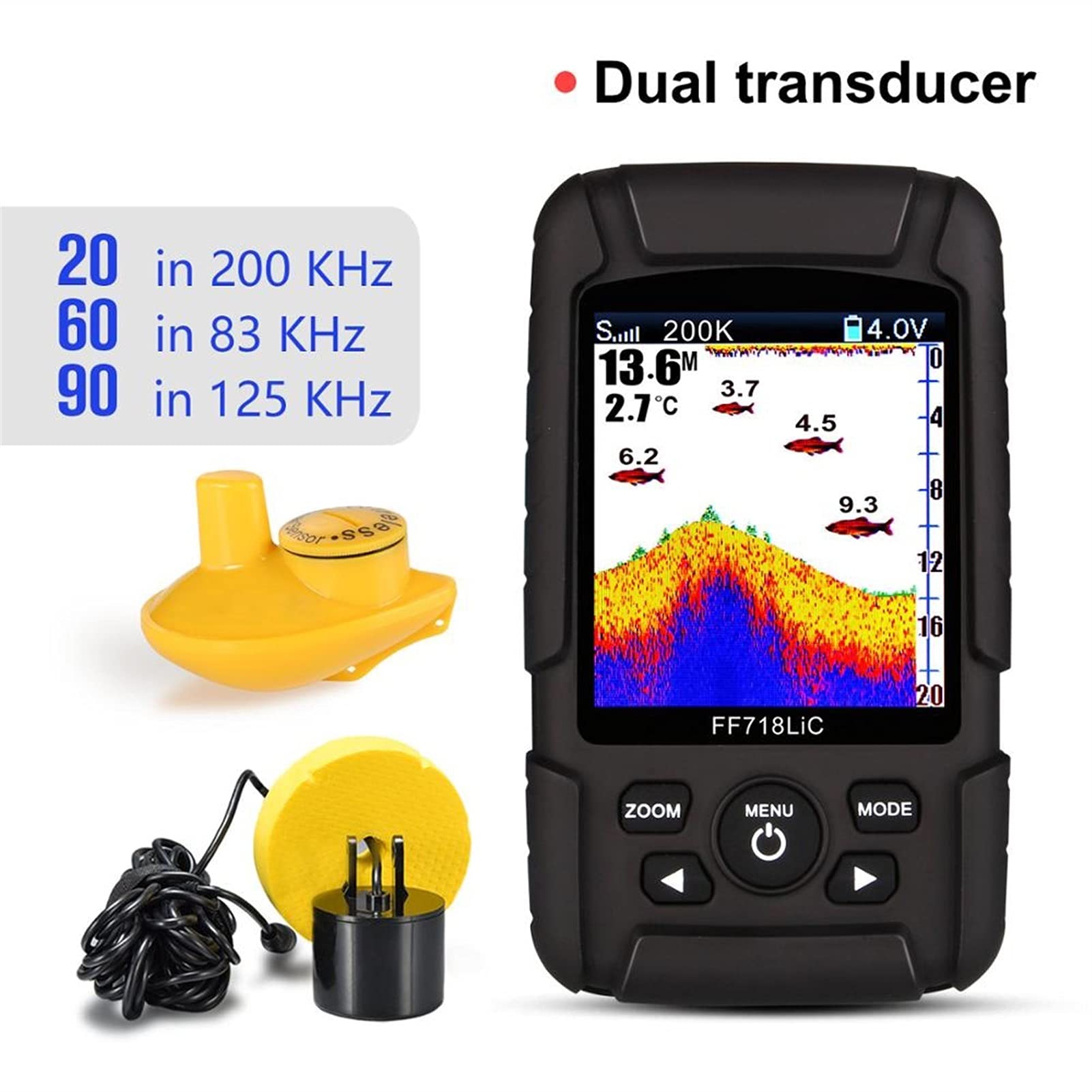 Buscador de Peces, Monitor del buscador de Peces 2 en 1 200kHz / 83kHz FRECUENCIA Dual Sonar 328FT 100M Profundidad detección Echo Sonido