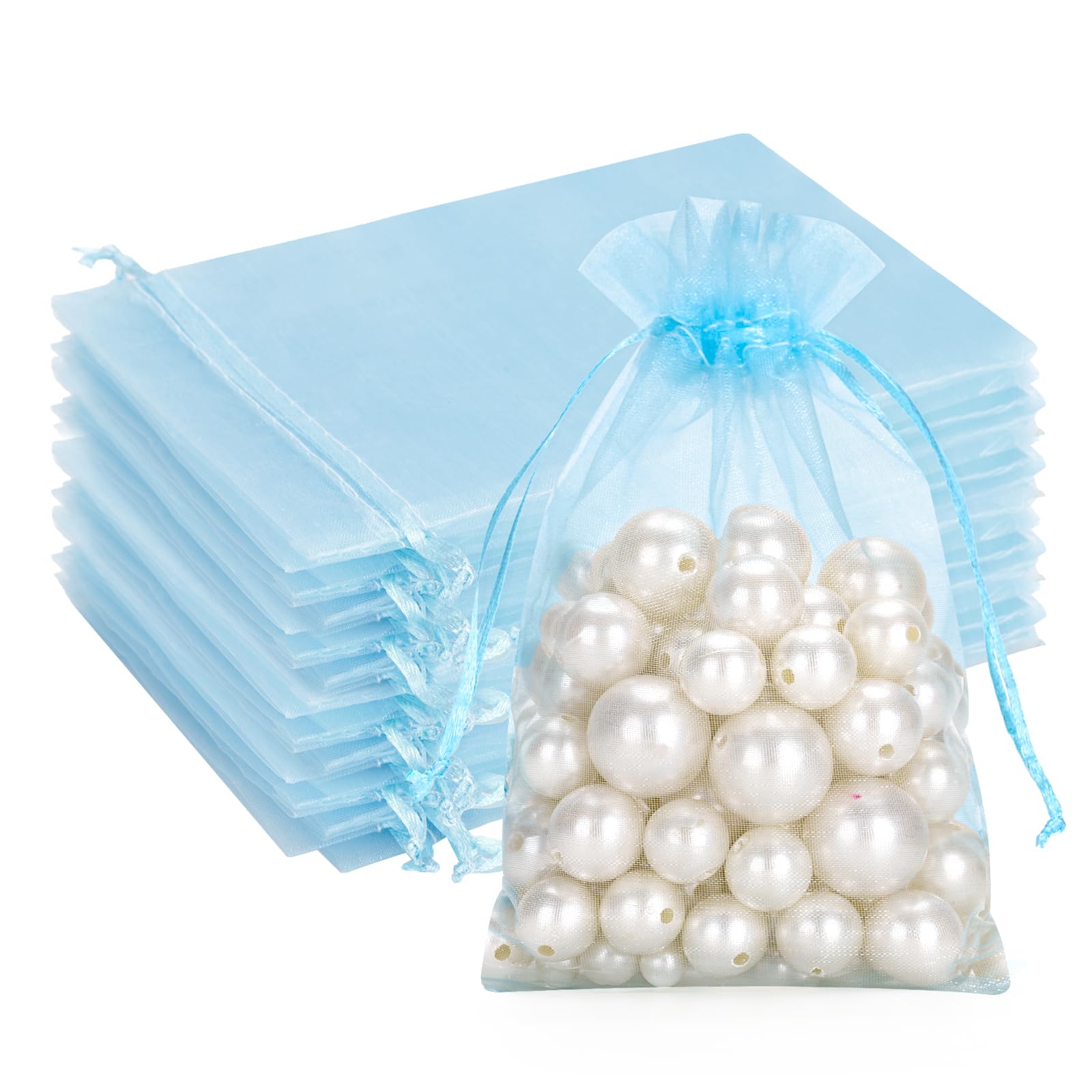 G2PLUS Baby Blau Organzasäckchen 10x15cm: Geschenk Organzabeutel, Organza Säckchen, 50 Stück Organza-Beutelchen mit Kordelzug Sie als Hochzeit Bonbonsbeutel,Schmuckbeutel