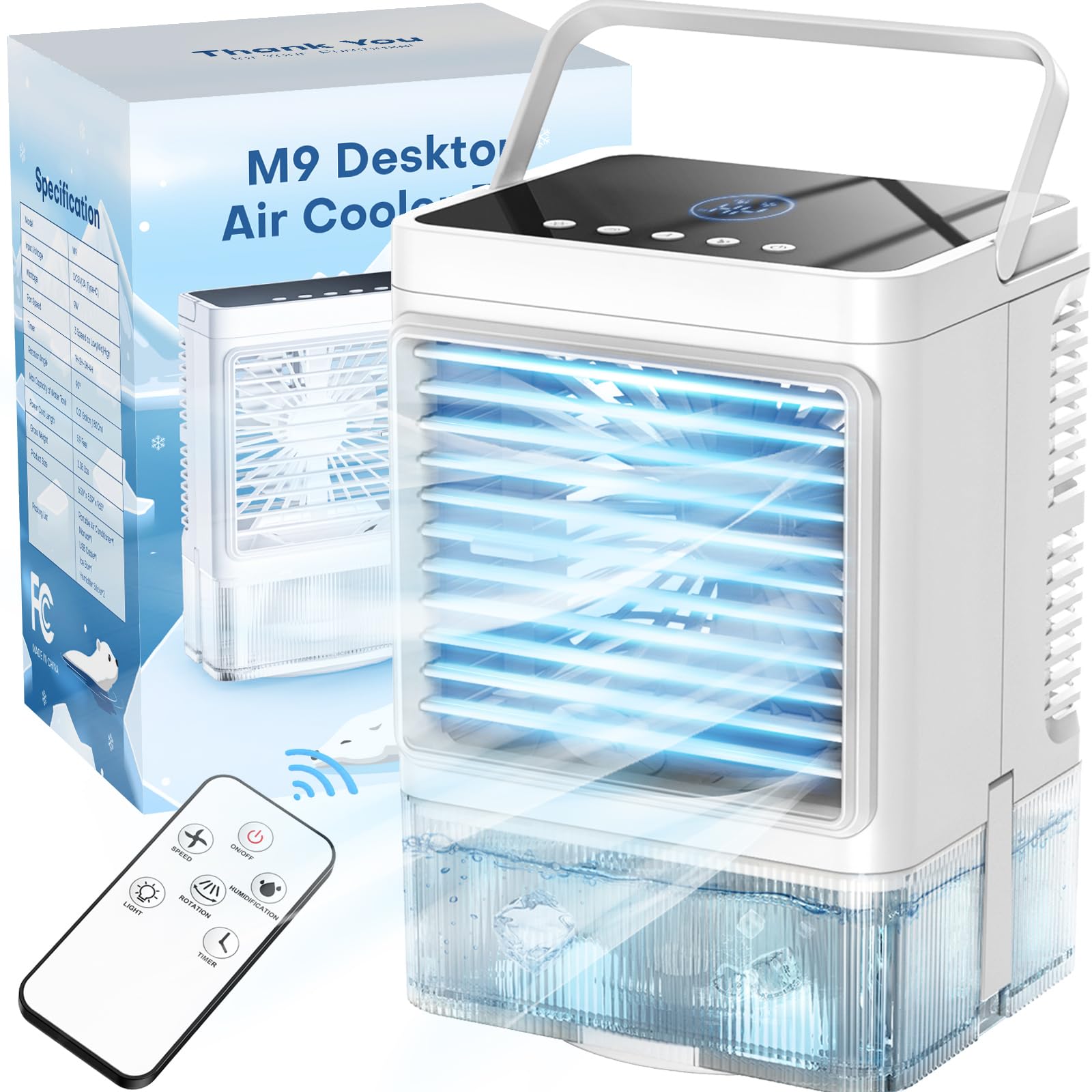 HIFRESH Mini Cooler for Room Cooling, USB Operated Mini Air Cooler with Remote, LED Screen, 90° Rotate, 7-Color Light, 4H Timer, 2 Cool Mist, 800ml Ice Chamber, 3 Speed Strong Airflow Desk Cooling Fan