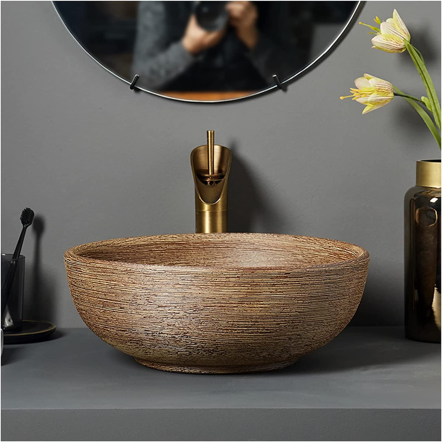 Ceramiczna Umywalka Łazienkowa, Ceramiczna Umywalka Nablatowa, Okrągła Umywalka Nablatowa W Stylu Retro Do Łazienki, Brązowa Umywalka Nablatowa 41X41X1, Brązowa Umywalka