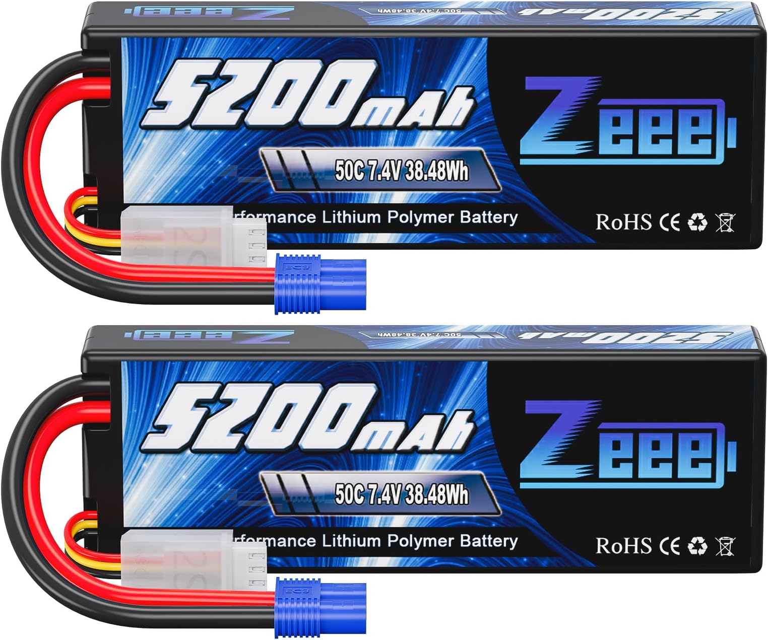 Zeee 2S 5200mAh Lipo Battery 7.4V 50C Hard Case Battery with EC3 Plug Compatible with 1/8 1/10 RC Vehicles Car Slash RC Buggy Truggy RC Airplane UAV Drone(2 Pack)