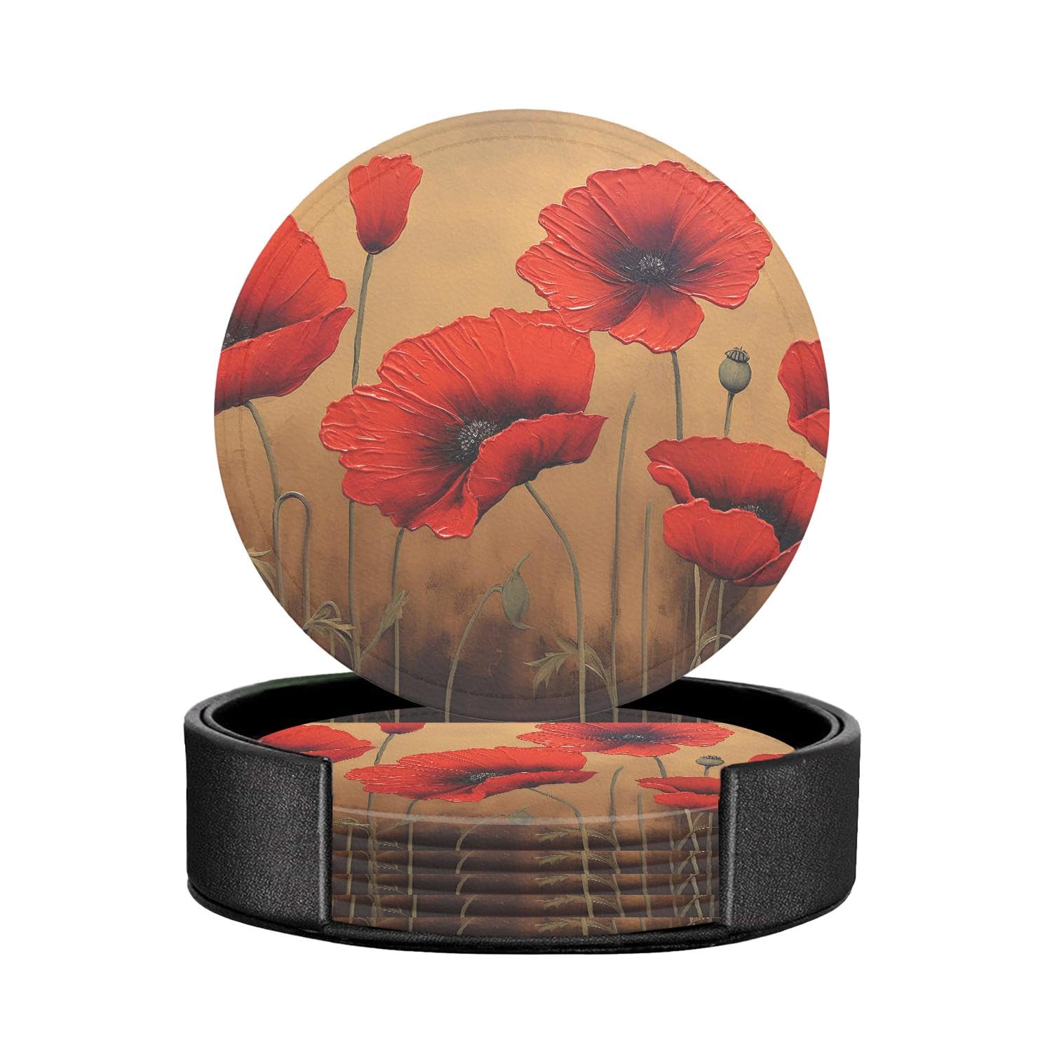 Poppy Red Flower Multicolor Set of 6 Table Coasters Modern PU Cup Coasters for Drinks, Coaster Set,4 Inches