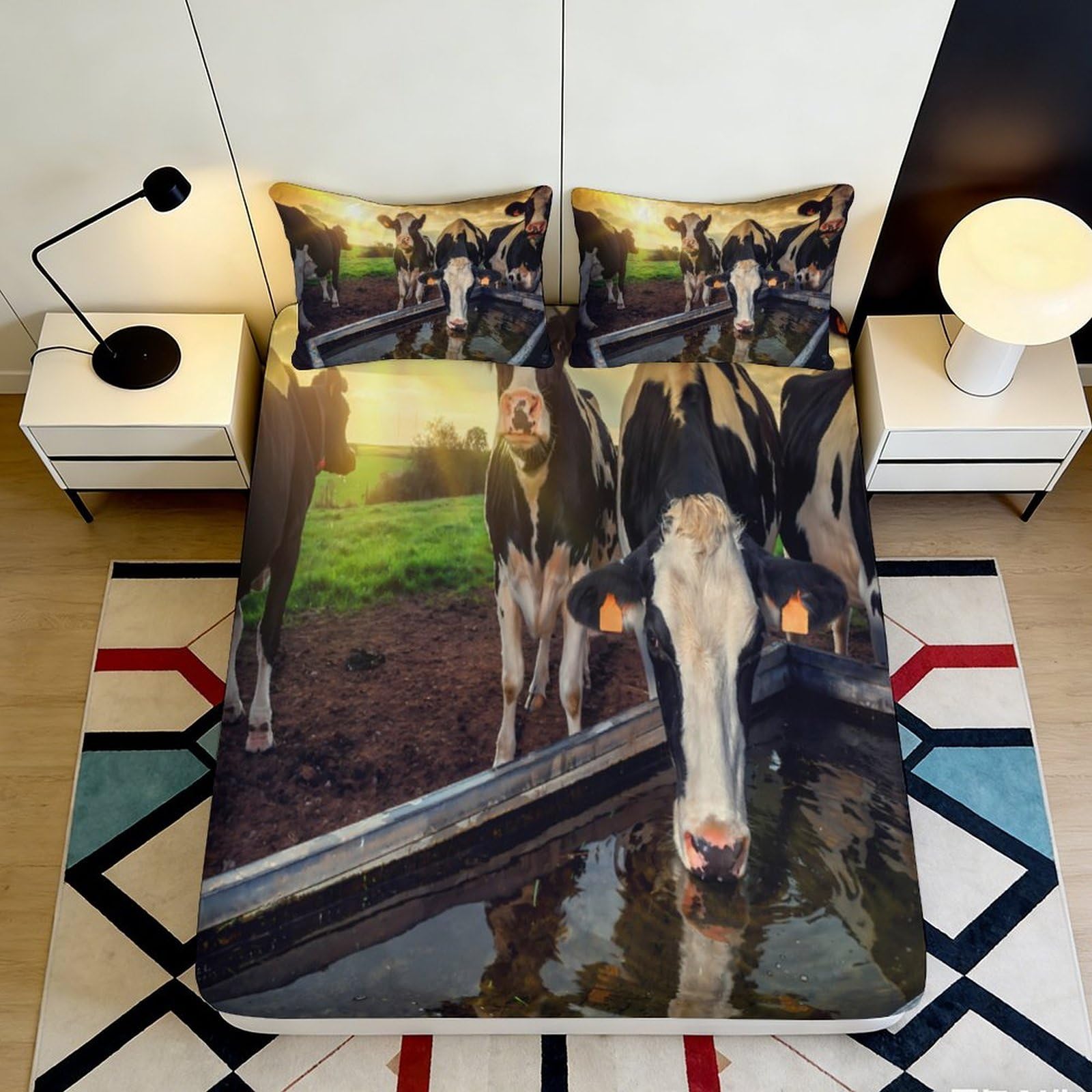 3D Printed Cow Pattern Fitted Sheet Microfiber Soft Breathable Farm Animals Bed Cover for Bedroom Dormitory Guest Room Mattress Protection 140x200x25cm
