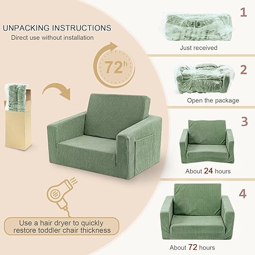 Miniatura 8 de Toddle & Silla para niños, sofás suaves 2 en 1 que se pliegan, sillas para niños pequeños, cómodas de 1 a 3 años, sofá convertible para descansar,