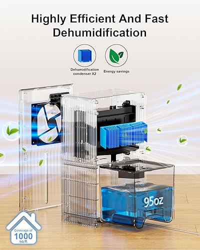 Miniatura 2 de Deshumidificador para el hogar, tanque de agua de 95 onzas, (1000 pies cuadrados), deshumidificadores para baño, dormitorio, sótano con manguera de