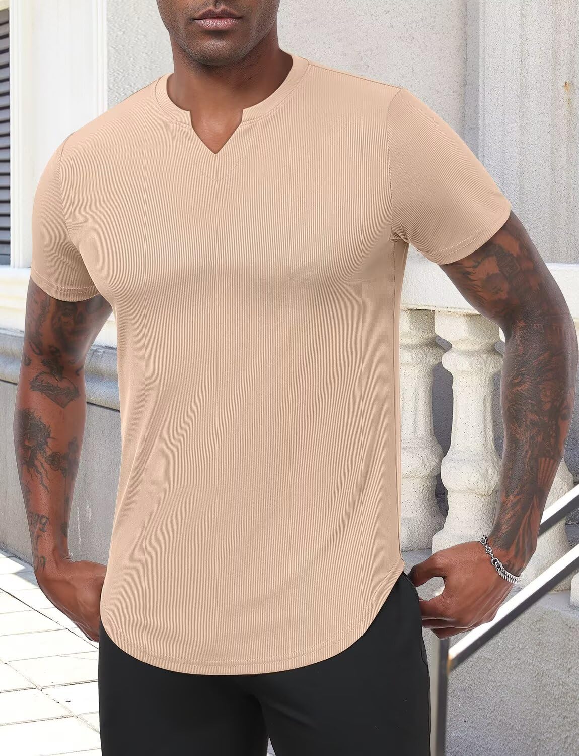 Mens V-Neck Muscle Slim Henley Shirt Workout Gym Athletic Summer Fashion Short Sleeve Shirt for Men