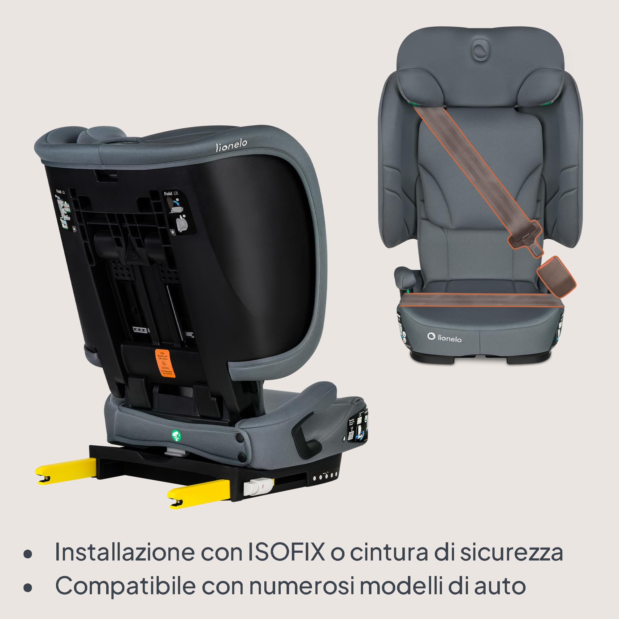 Lionelo Seggiolino Auto Pieghevole ORIN I-SIZE con ISOFIX per bambini 3,5-12 Anni, Reclinabile 4 Posizioni, Poggiatesta 14 Posizioni, Sfoderabile Lavabile, Borsa e Portabicchiere, i-Size 100-150 cm