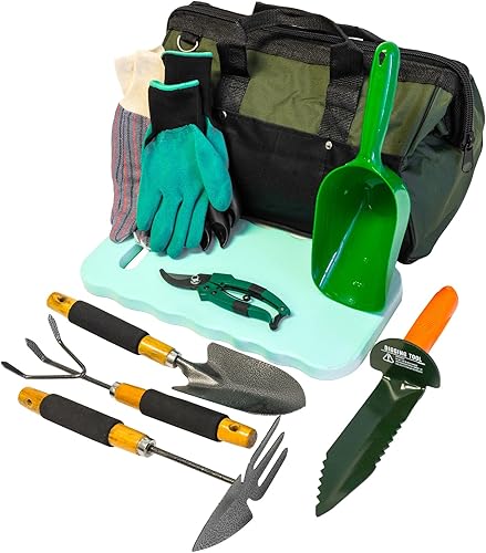 Juego de herramientas de mano de jardinería de 10 piezas, bolsa de transporte y almohadilla para rodillas