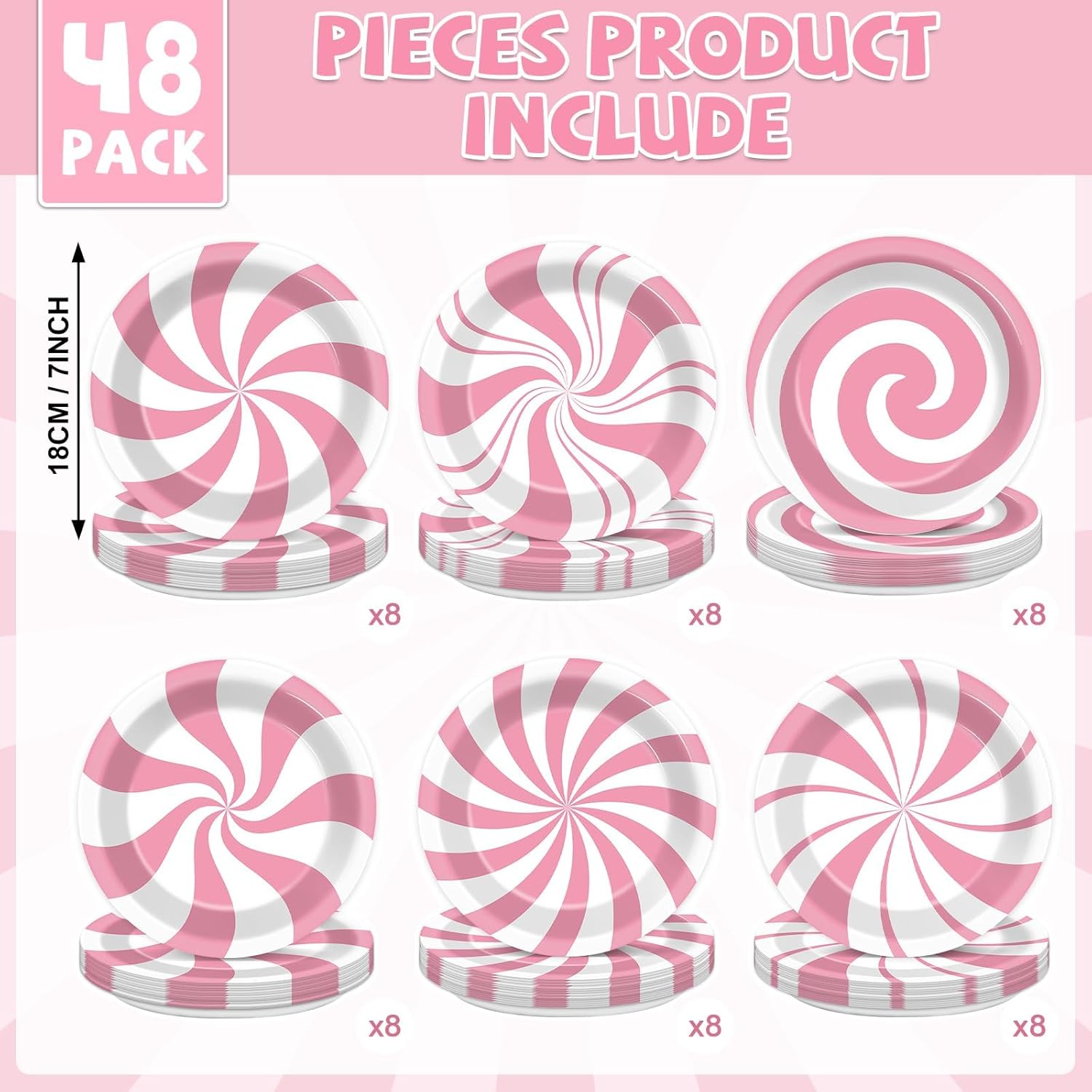 48Pcs Christmas Peppermint Candy Party Supplies Pink White Striped Candy Paper Plates 7" Xmas Dessert Plates Sweet Candyland Holiday Decorations for Kids Birthday Baby Shower Favors Serves 48 Guests - Image 2