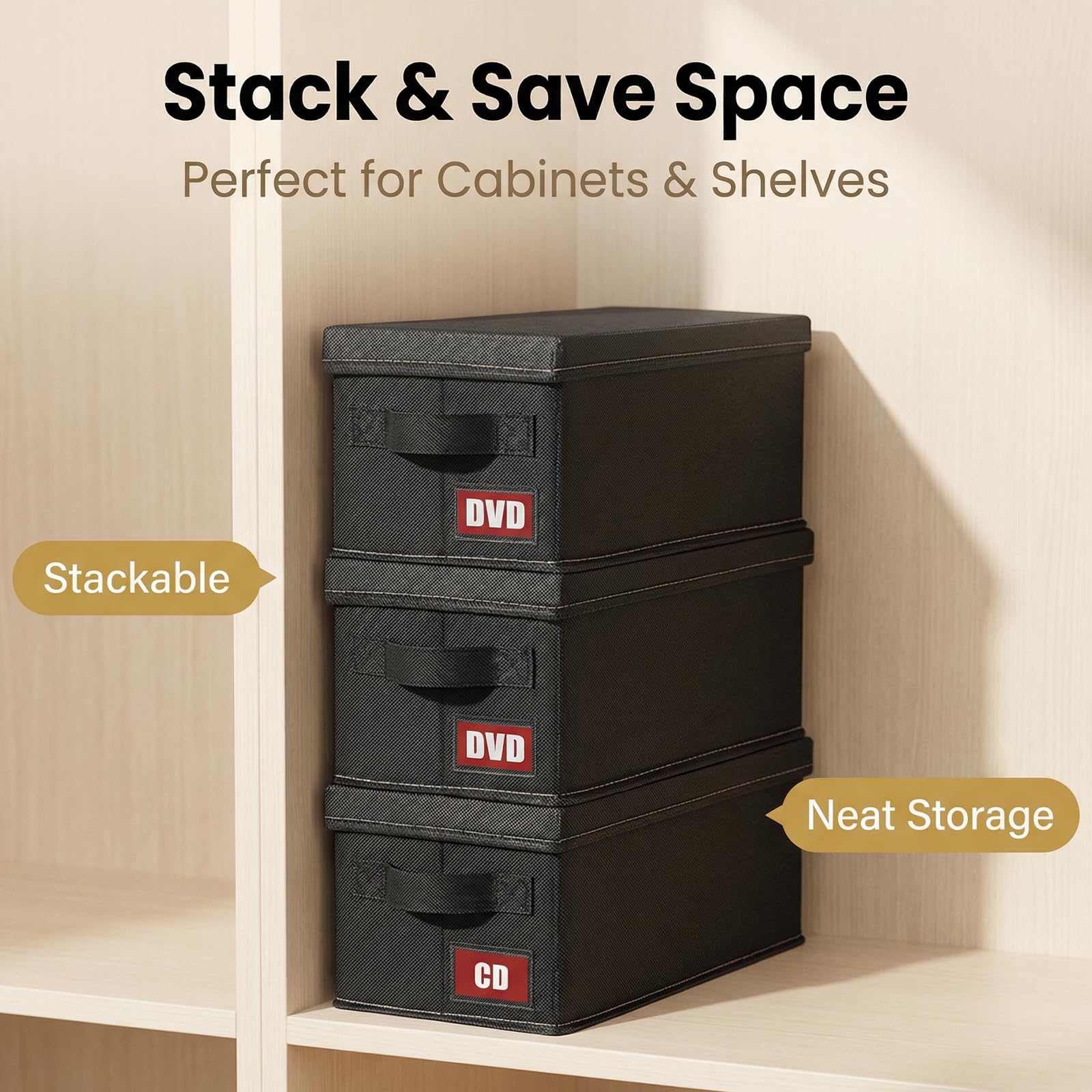 Lot de 4 boîtes de rangement pour DVD avec couvercle, empilables en tissu pouvant contenir jusqu'à 104 DVD (26 chacun), également idéales pour ranger des Blu-ray, des boîtiers de jeux vidéo