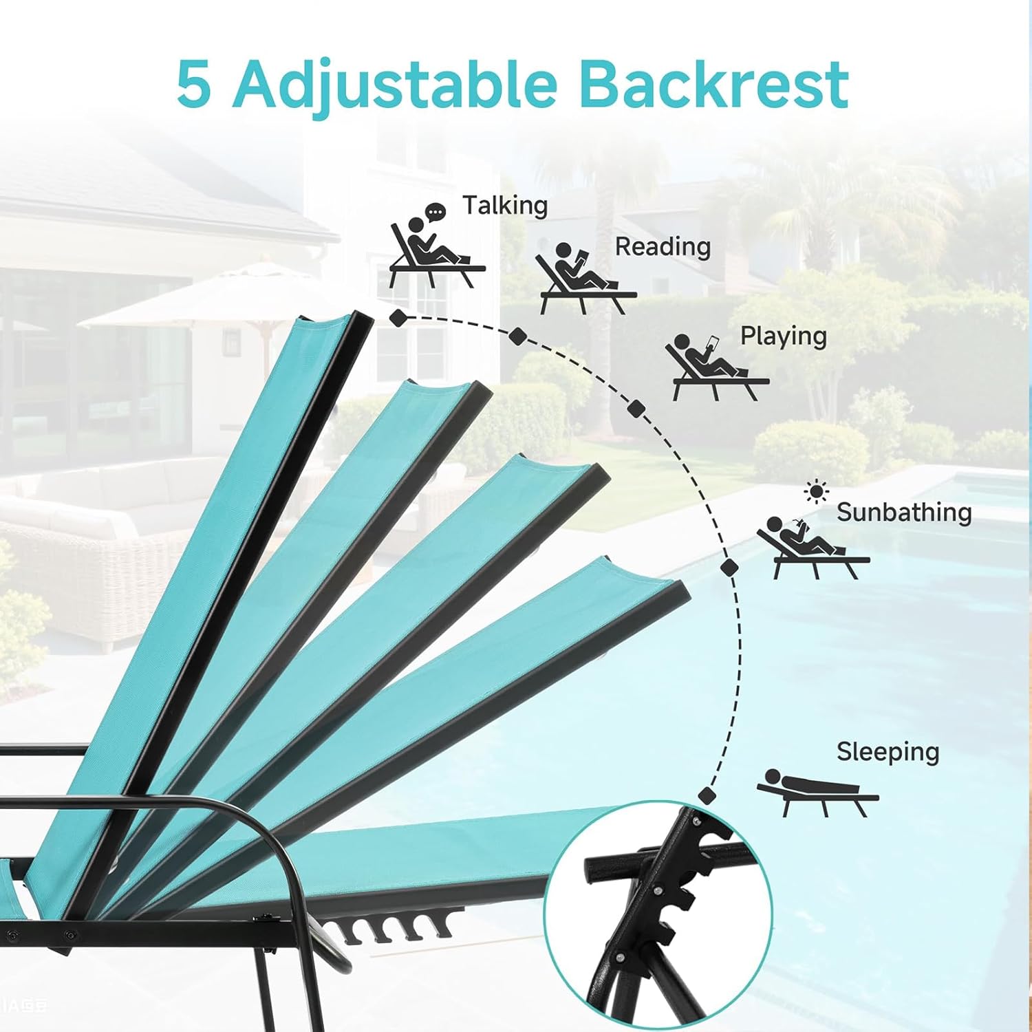 Simple Delxue Folding Chaise Lounge Chair with 5 Reclining Positions, Beach Recliner Chair with Armrests, Textilene Fabric & Steel Frame, Outdoor Patio Poolside Seating, 350 LBS Capacity, Cyan