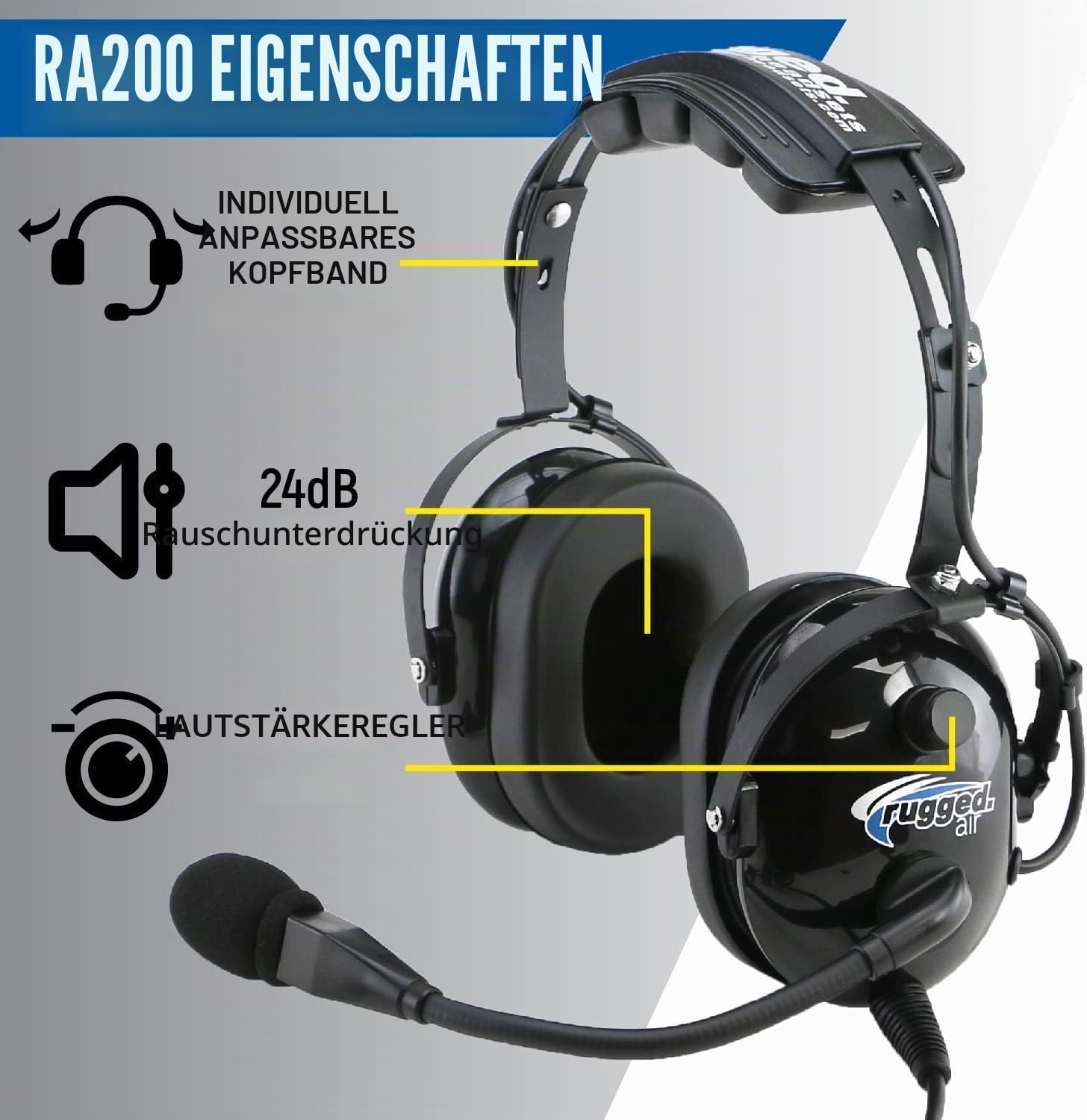 Rugged. Air RA200 General Aviation Headset für Studentenpiloten, mit passiver Geräuschreduzierung, verstellbarem Kopfbügel, Vollflex-Mikrofonarm und Headset-Tasche