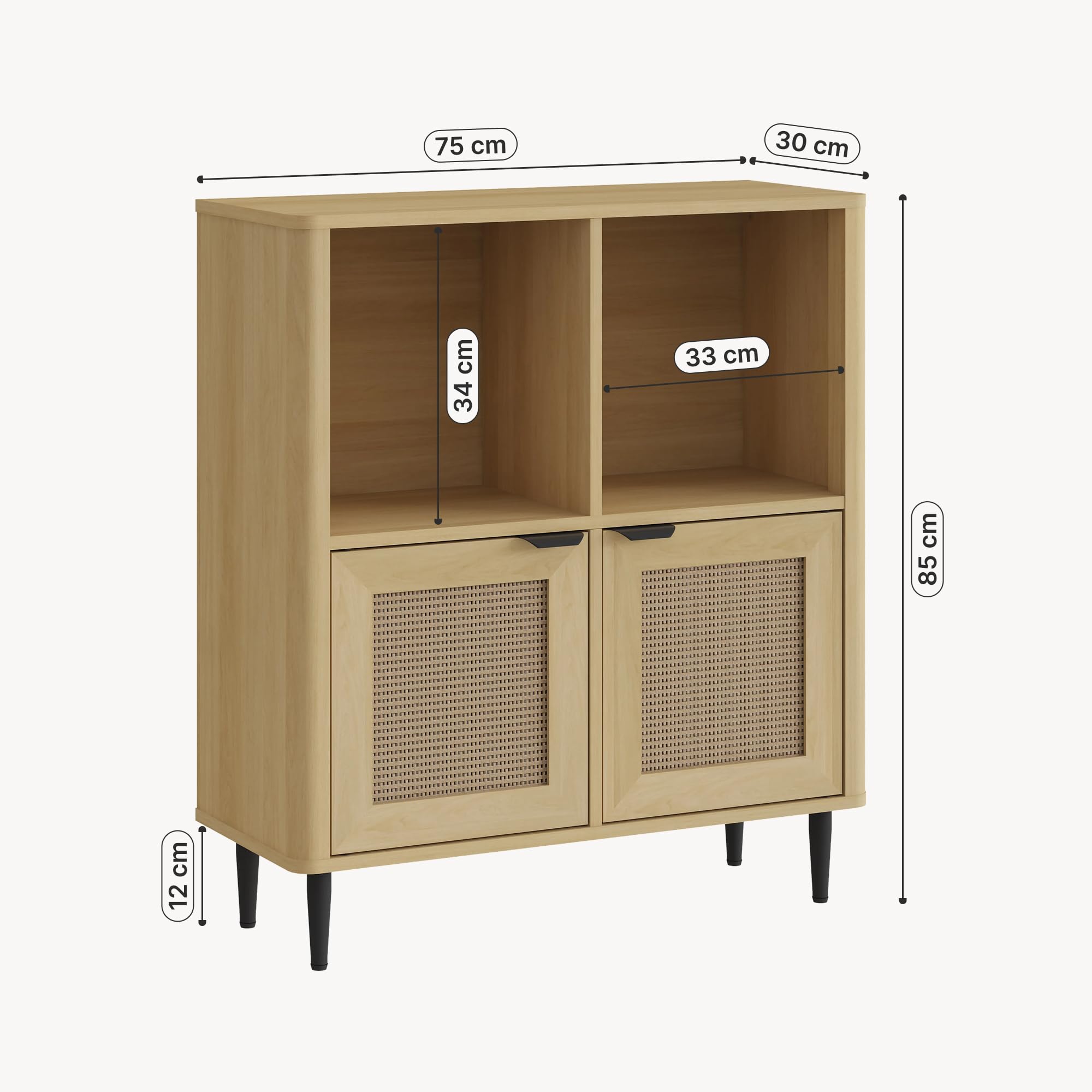 [en.casa] Mobile Contenitore Multiuso a 2 Ante Credenza con 4 Vani Portaoggetti Scomparti Chiusi Aperti per Soggiorno Camera da Letto Ingresso Studio 85 x 75 x 30 cm - Effetto Rovere/Rattan