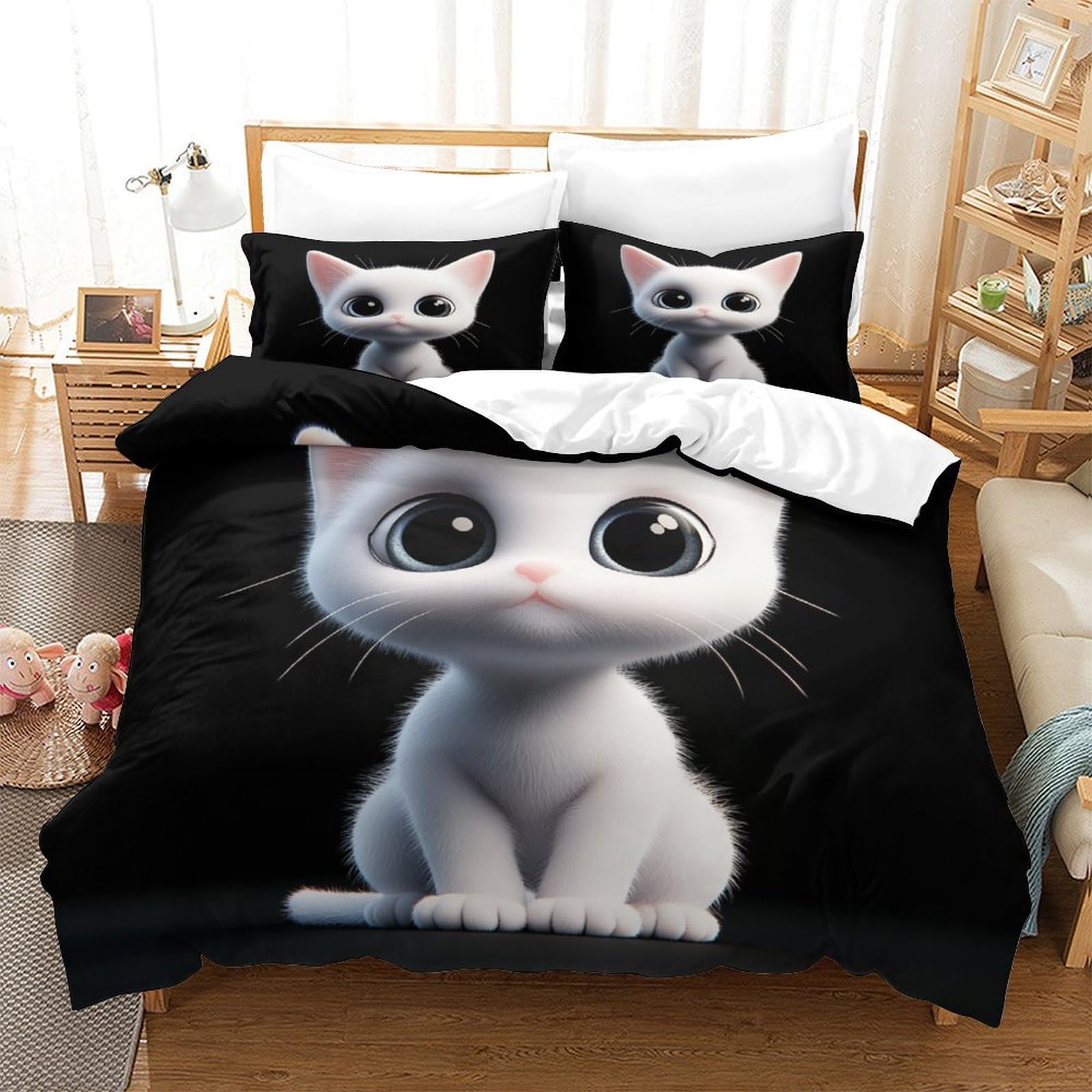Gattino carino 3D Stampa Coperteletto 3pz Microfibra Leggera Fumetto digitale Coperta Letto 2 federe Antimacchia Adolescenti Adulti Giovani Super king（260x220cm）