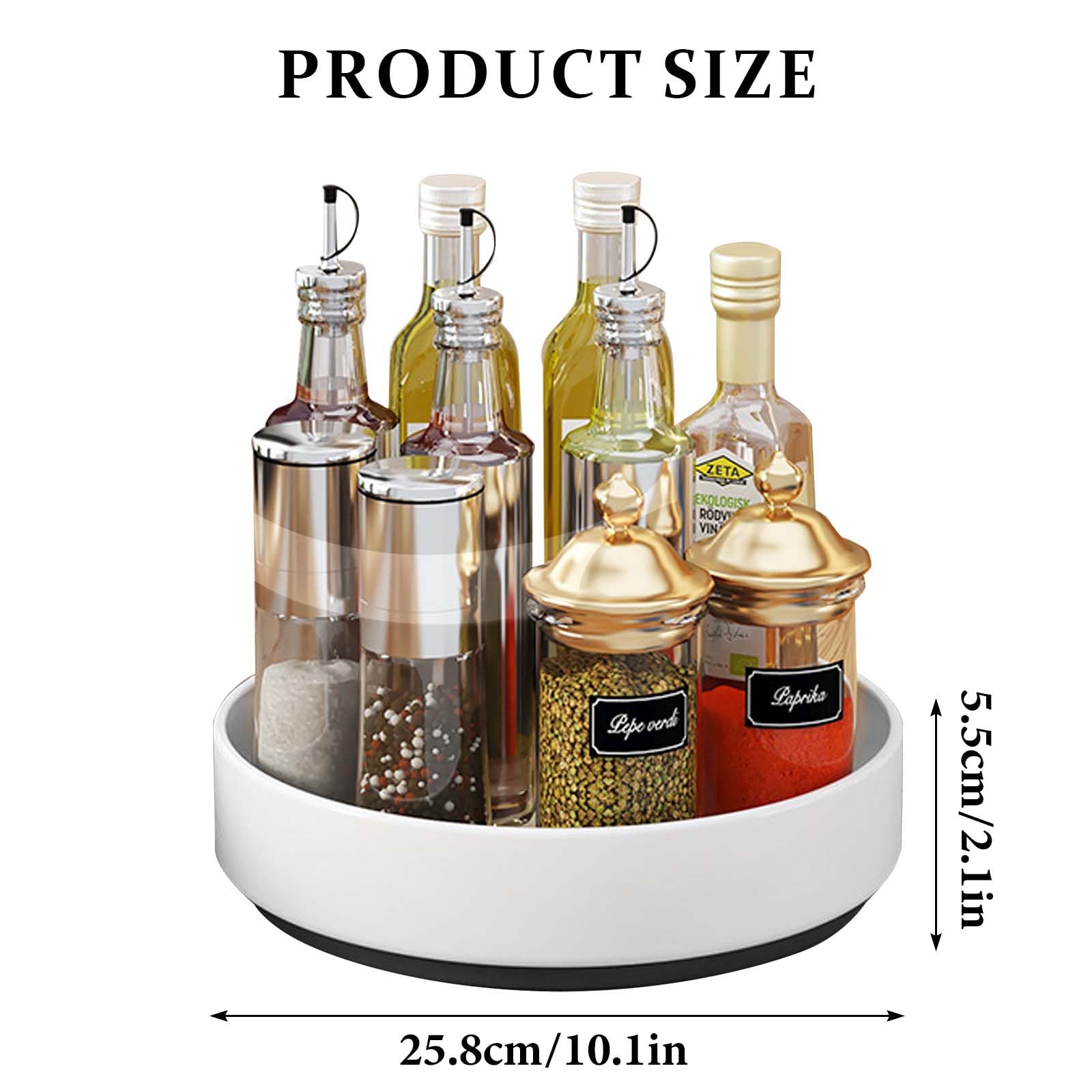 Küche Organizer Drehteller aus Kohlenstoffstahl, 26cm Küchenschrank Drehteller Organizer, Grosse Kapazität Gewürzregal Drehbar Anti Rutsch Küchenlagerungs für Küchenregal Arbeitsplatte (Weiß, 26CM)