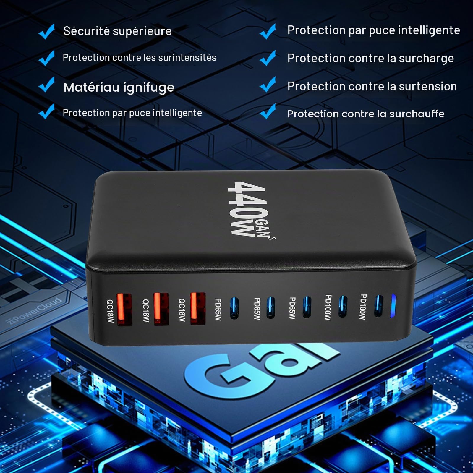 AXFEE Chargeur USB C Rapide 440W, Multiple GaN Chargeur Secteur | Chargeur Rapide Station de Charge Adaptateur avec 5 USB C+3 USB-A,Compatible avec MacBook Pro/Air, iPad, iPhone,Galaxy,Huawei