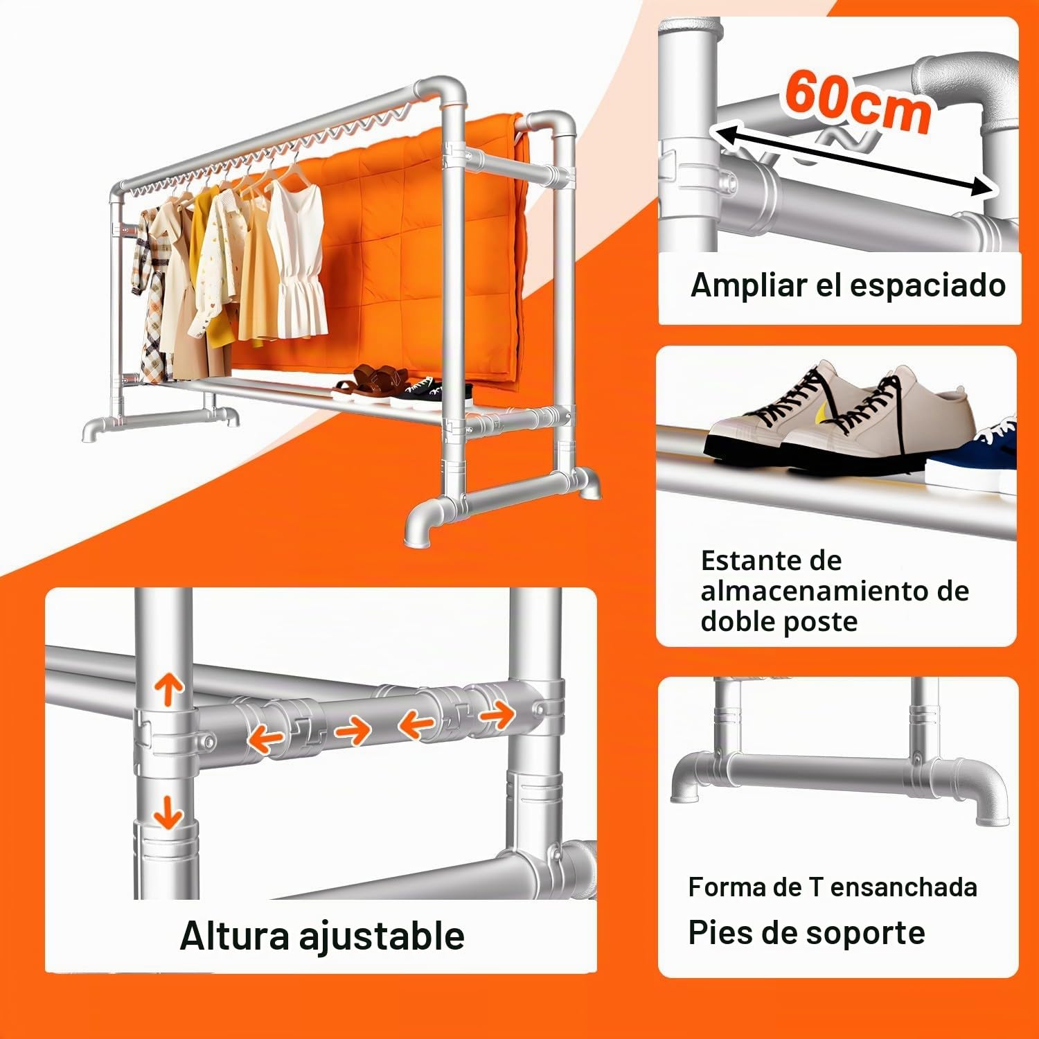 Perchero Burro Ropa Resistente, Perchero con Ruedas, Perchero Burro Doble con Zapatero, Burro Ropa con Gancho, Máx. Capacidad de Carga 400 kg, para Tienda de Ropa Lavandería Patio
