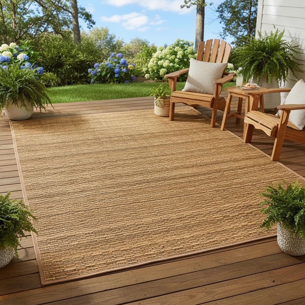 Retro Rustic Rattan Woven Outdoor Rug 4x6 Brown Natural Wicker Texture Outdoor Rugs for Backyard Patio Deck Garden Balcony Solid Weaved Cool Outside Carpet Washable Quick Dry Farmhouse Courtyard Mat