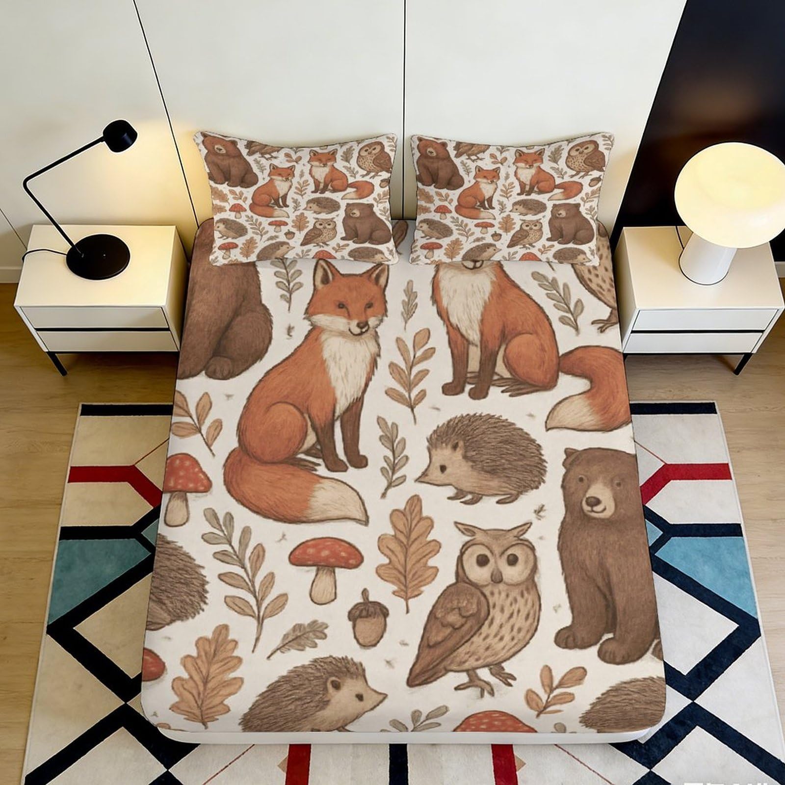 3D Printed Forest Animals Fitted Sheet Microfiber Soft Woodland Creatures Bed Cover for Bedroom Dorm Mattress Protector 90x200x25cm