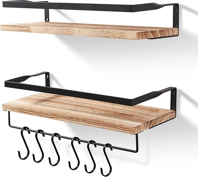 Floating Shelves for Wall Set of 2 Rustic Wooden Shelves Decorative Wall Shelf Brackets Storage Screw Mounted Shelf for Bathroom, Bedroom, Living Room, Kitchen, Home Shelf with Detachable Hooks