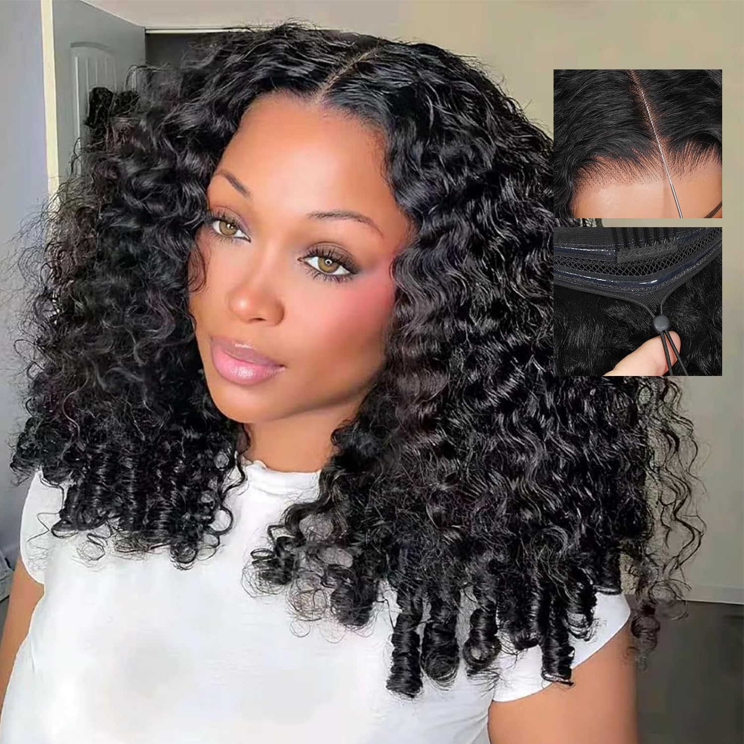 7x5 Burmese Curly Glueless Wigs Human Hair Pre Plucked Pre Cut Real 220 Density Drawstring Wig for Black Women HD Lace Front Wigs Human Hair Wear and Go Nautural Color 22 Inch Beginner Friendly