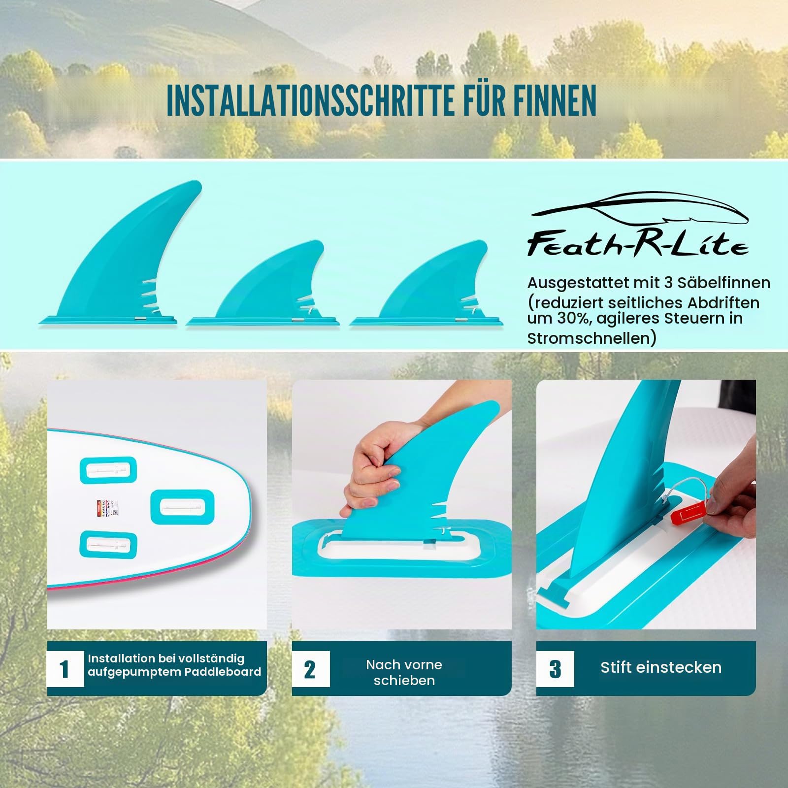 FEATH-R-LITE Aufblasbares Stand Up Paddle Board Ultraleicht Paddleboards - SUP Zubehör Verstellbares Paddel, Pumpe, Rucksack, Leine, Flossen für alle Schwierigkeitsstufen