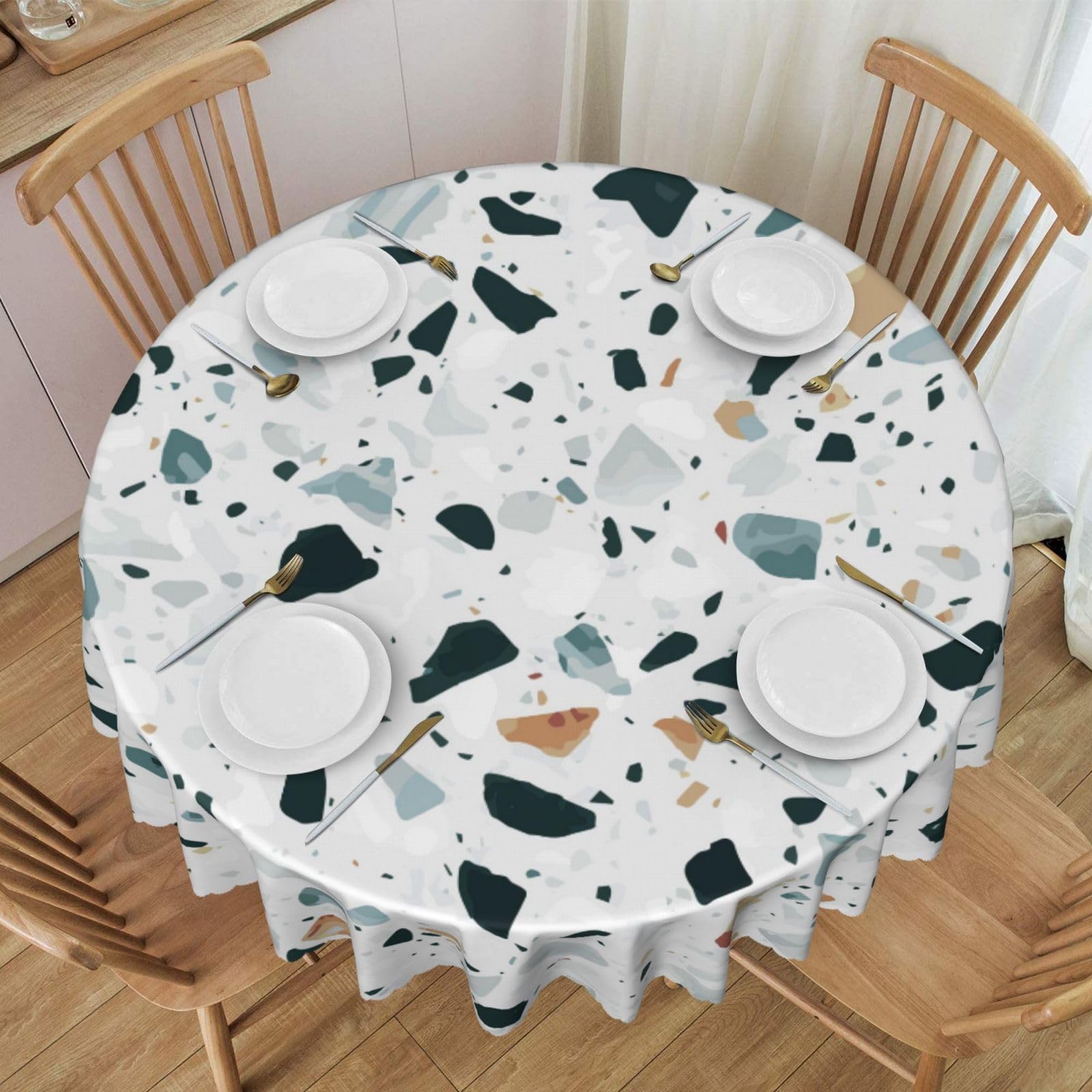 DCEHGEW 60 In Round Tablecloth with Lace, Terrazzo Marble Pastel Printed Oilproof & Washable Fabric Picnic Table Cloth Table Covers